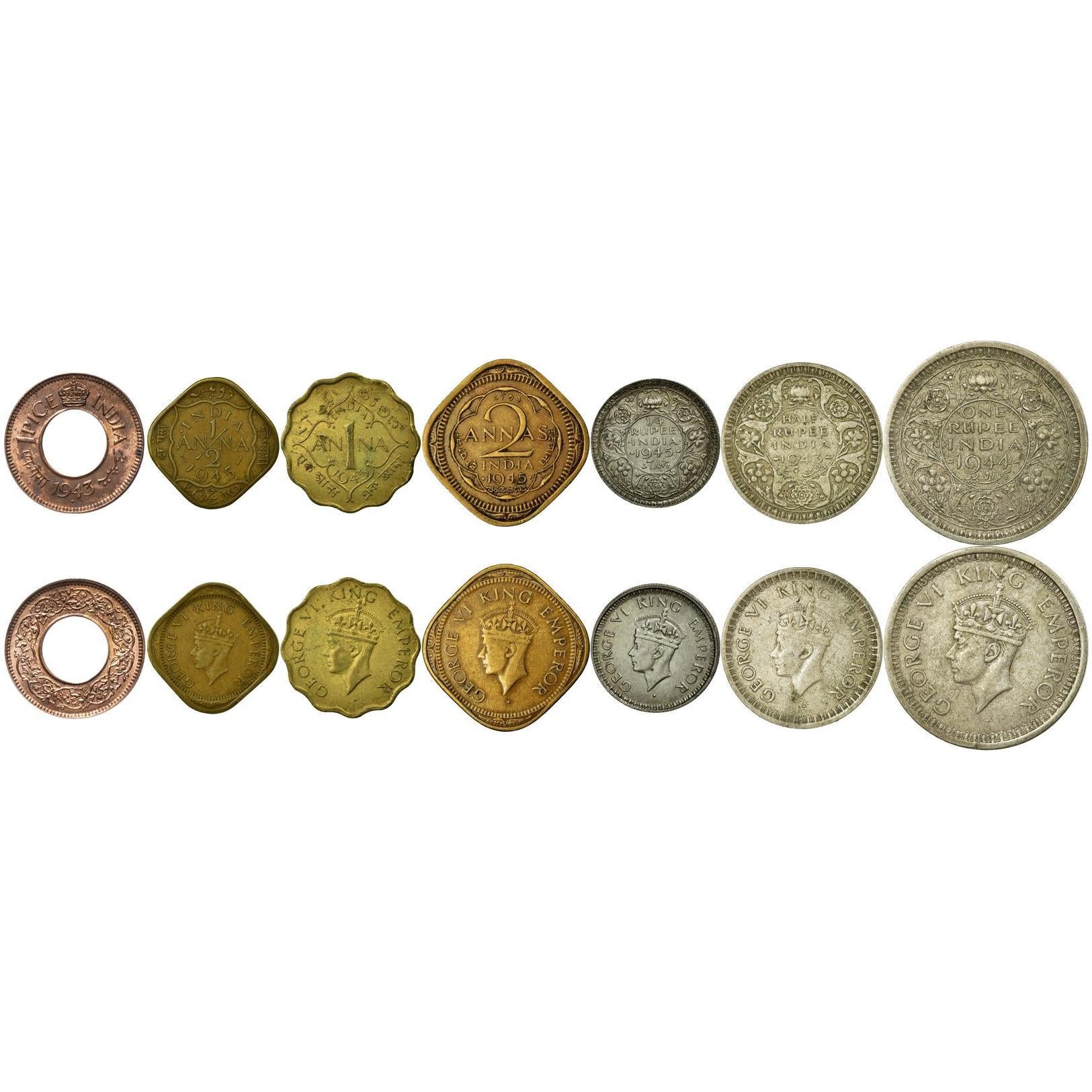 India - British | 7 Coin Set | 1 Pice 1/2 1 Anna 2 Annas 1/4 1/2 1 Rupee | 1942 - 1945