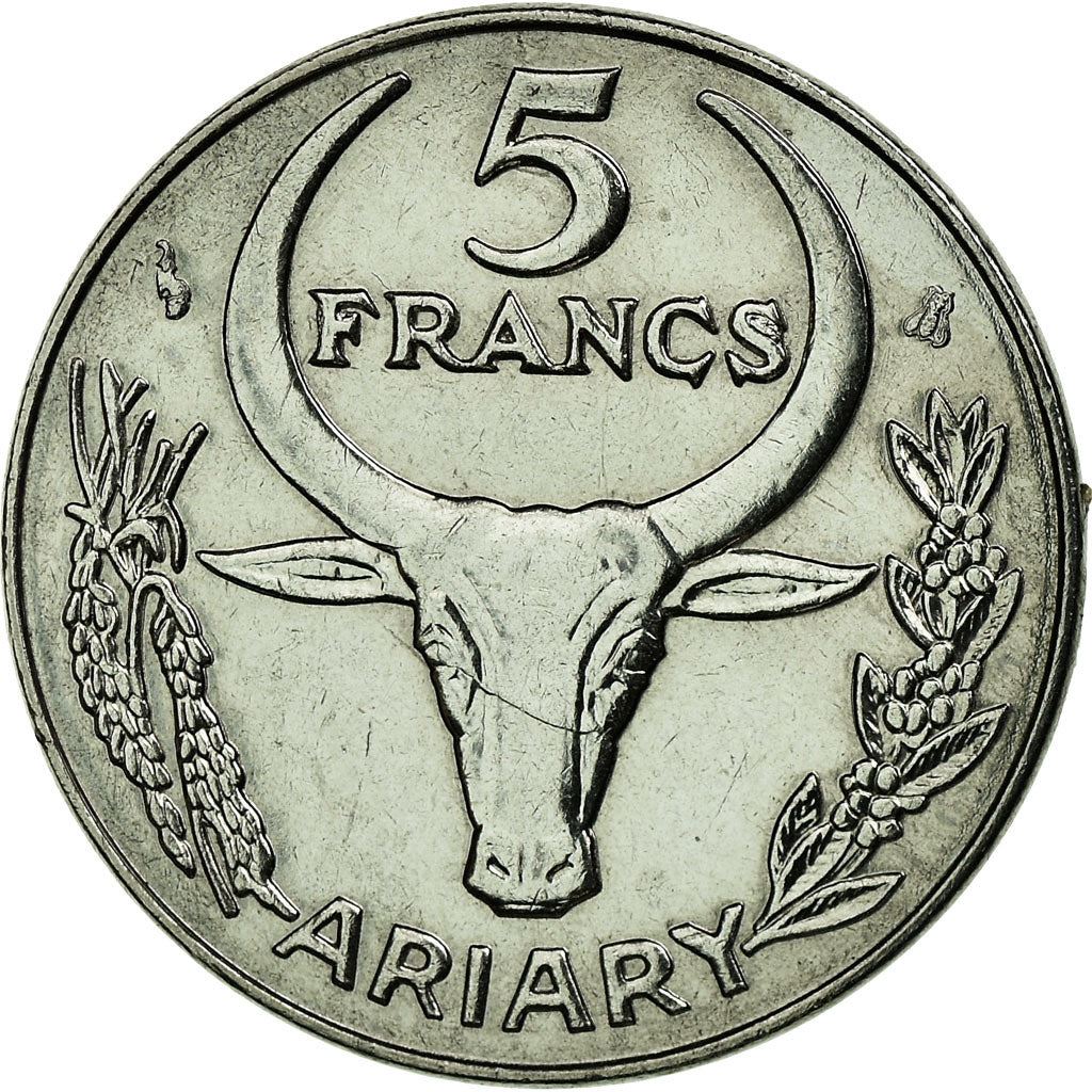 Madagascar | 5 Francs / 1 Ariary Coin | Flower | Zebu | Km:21 | 1996