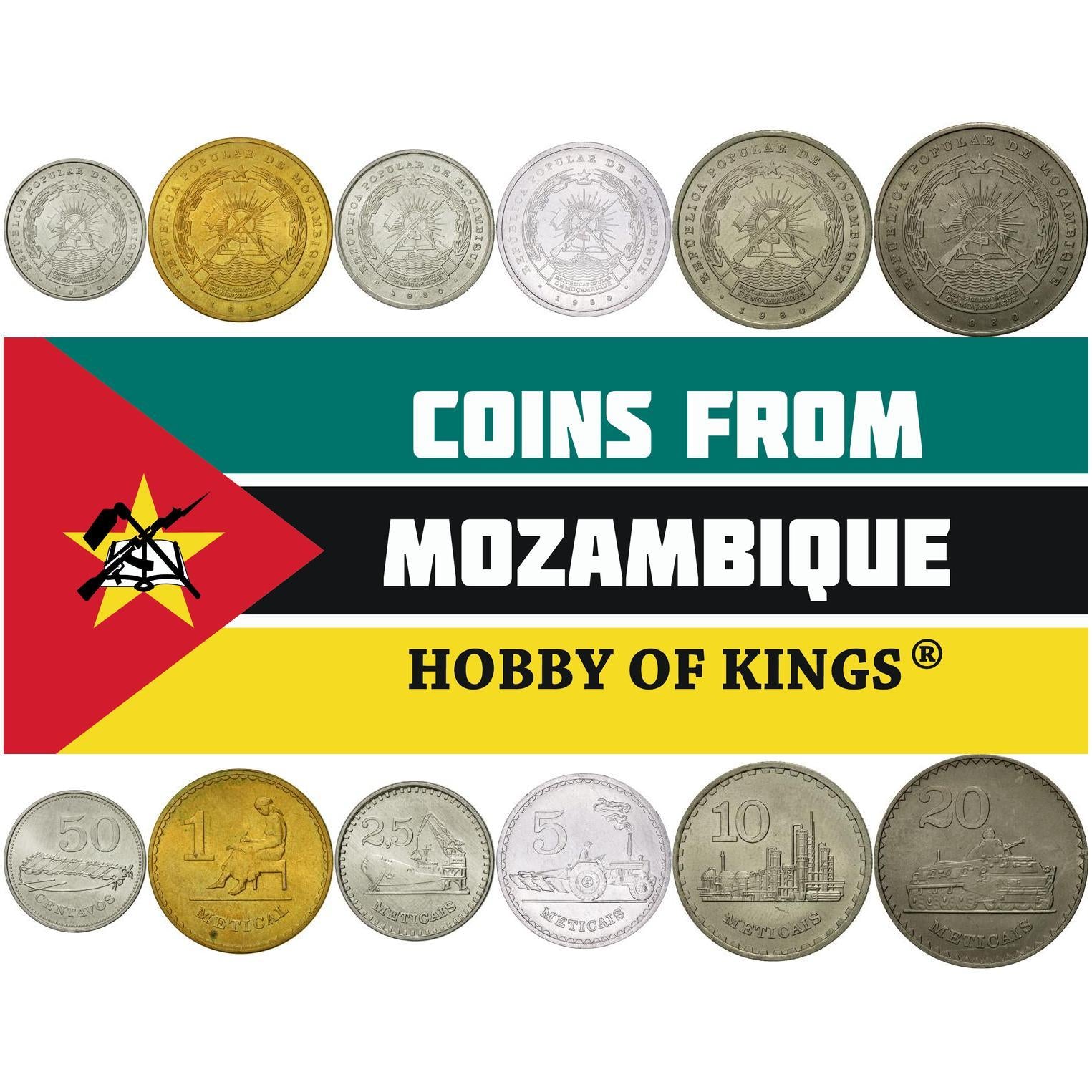 Mozambique | 6 Coin Set | 50 Centavos 1 Metical 5 10 20 Meticais | 1980 - 1986