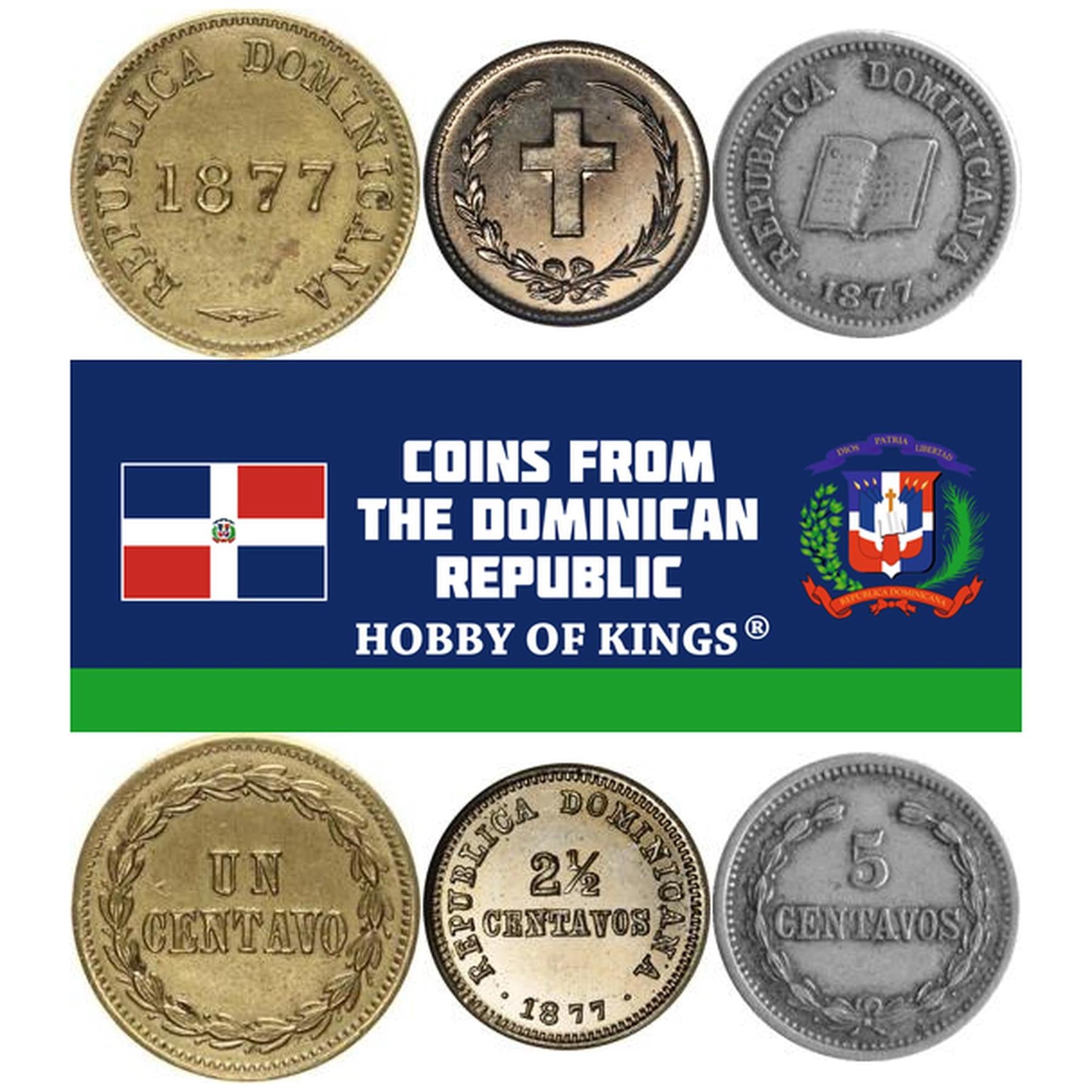 Dominican Republic | 3 Coin Set | 1 Centavo 2 1/2 5 Centavos | Wreath | Cross | Bible | 1877