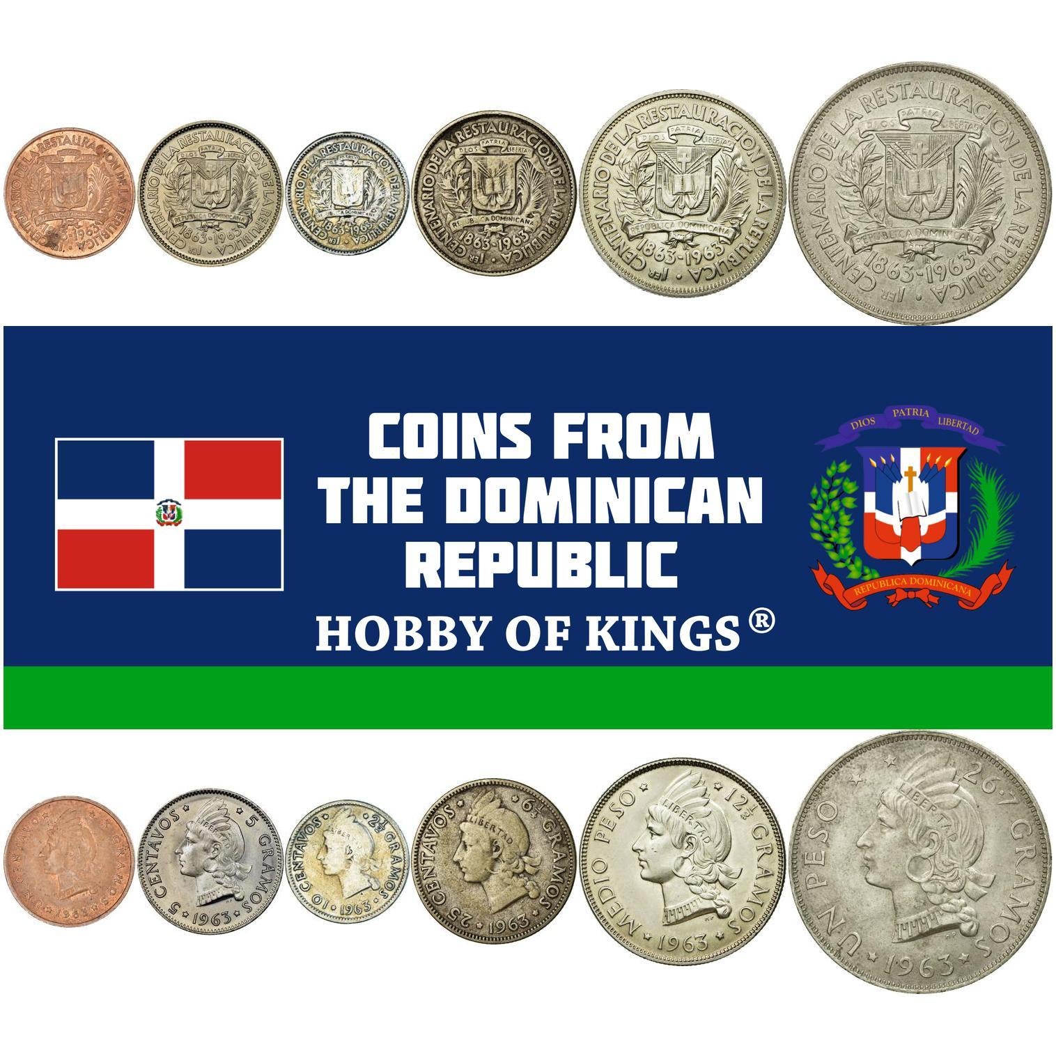 Dominican Republic | 6 Coin Set | 1 Centavo 5 10 25 Centavos 1/2 1 Peso | 1963