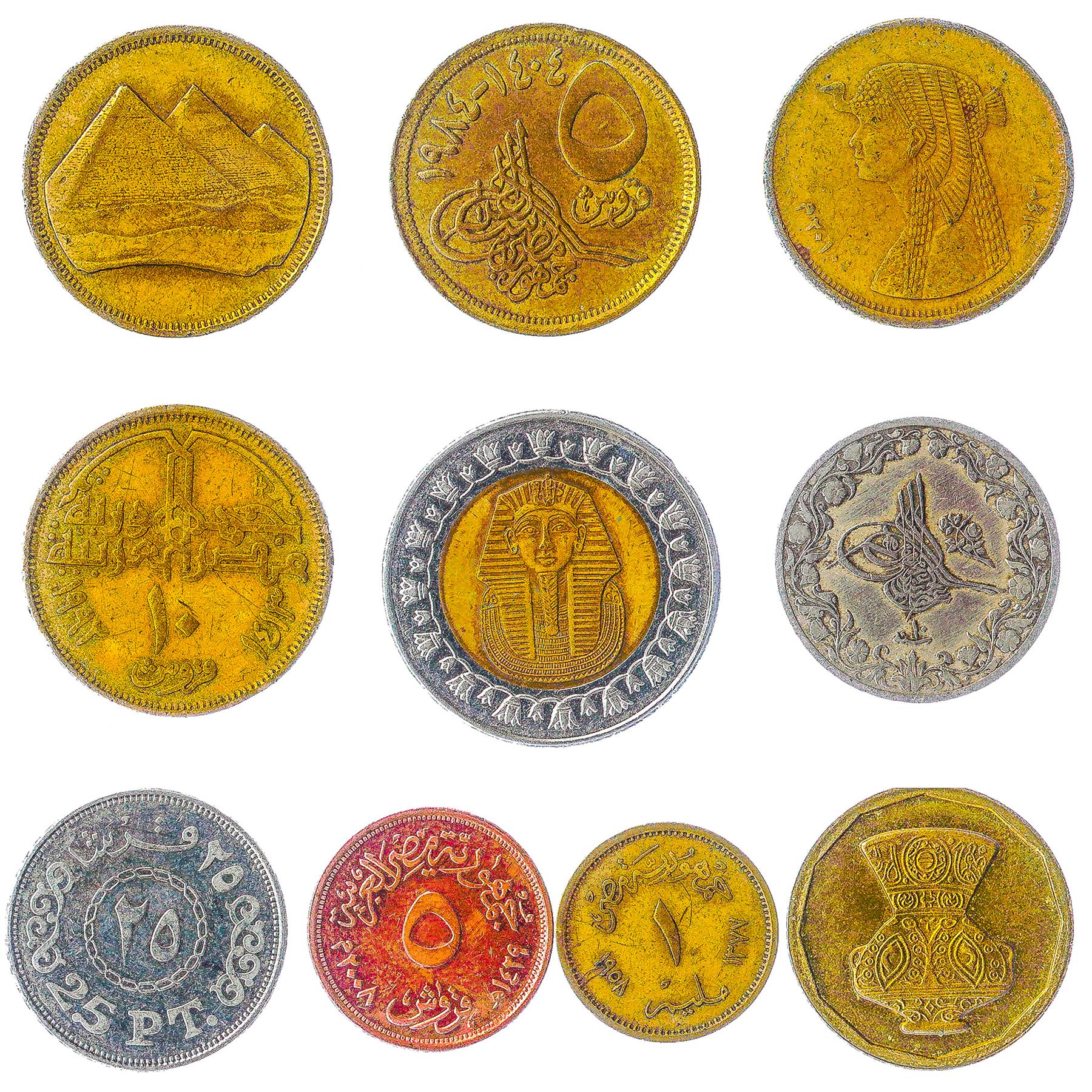 Egypt 10 Mixed Coins | Egyptian Currency | Qirsh Pound Piastres Milliemes |  Hawk of Qureish | Cleopatra | Tutankhamun | 1958 - 2022, image size:1800x1800