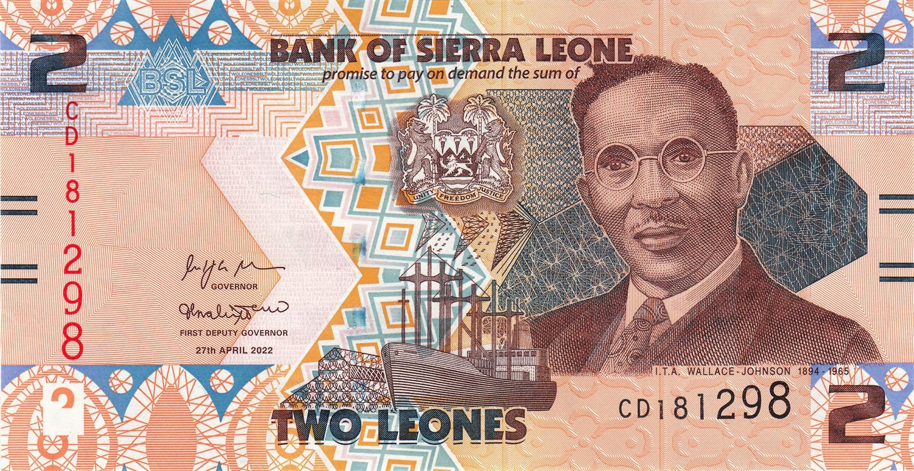 Sierra Leone | 2 Leones Banknote | 2022 | Isaac Theophilus Akunna Wallace-Johnson | Cargo Ship | Bank Building