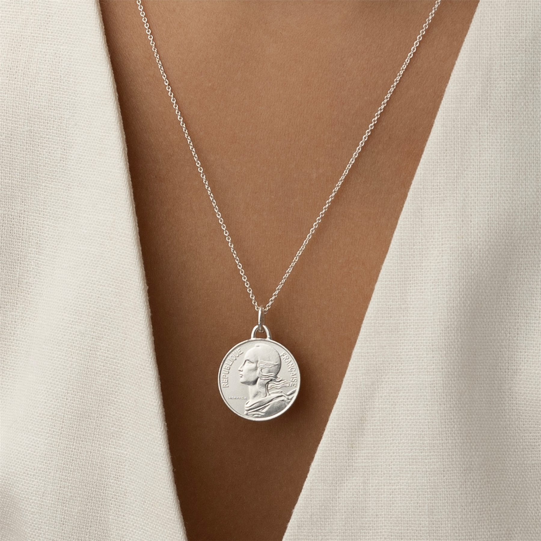 French Coin Necklace | Medallion Pendant Jewelry | Rhodium Plated 10 Centimes | 1966 - 2001