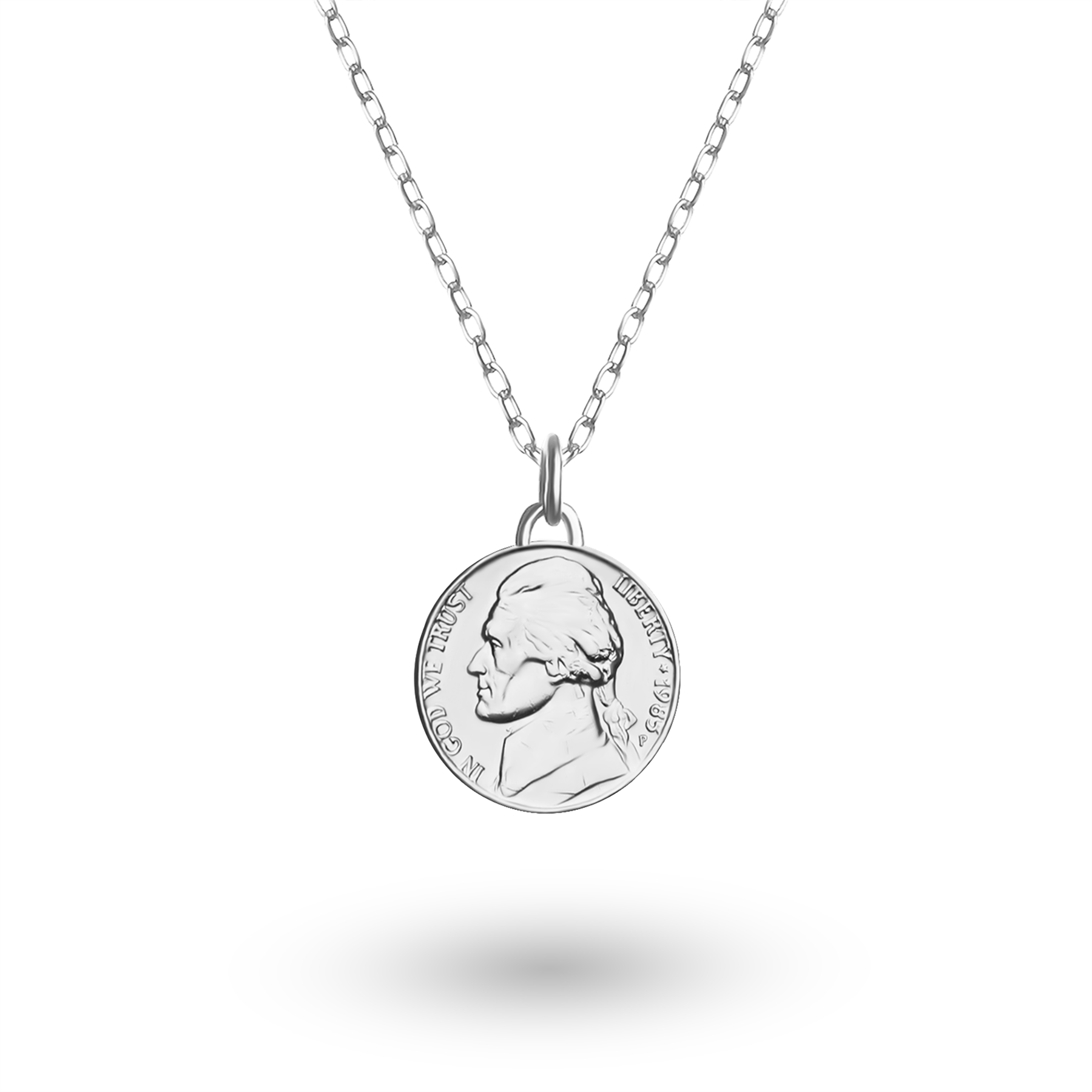 US Coin Necklace | Medallion Pendant Jewelry | Rhodium Plated United States of America 5 Cents | T. Jefferson | 2002