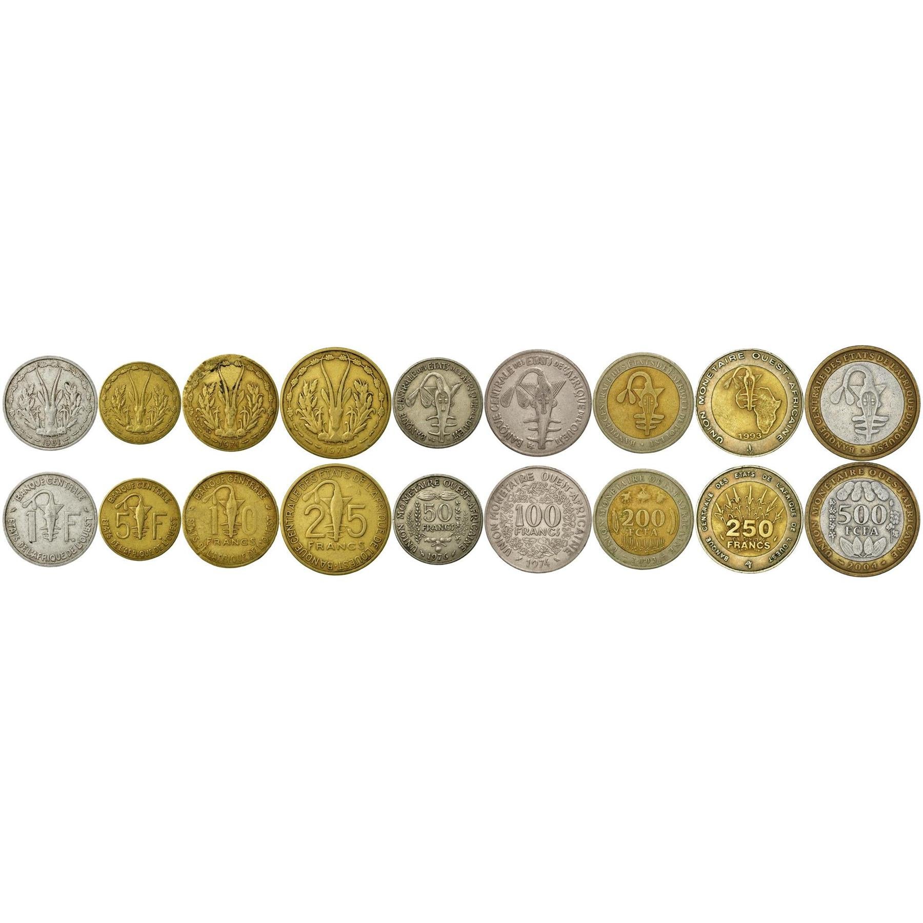 Western African States | 9 Coin Set | 1 5 10 25 50 100 200 250 500 Francs CFA | 1961 - 2023