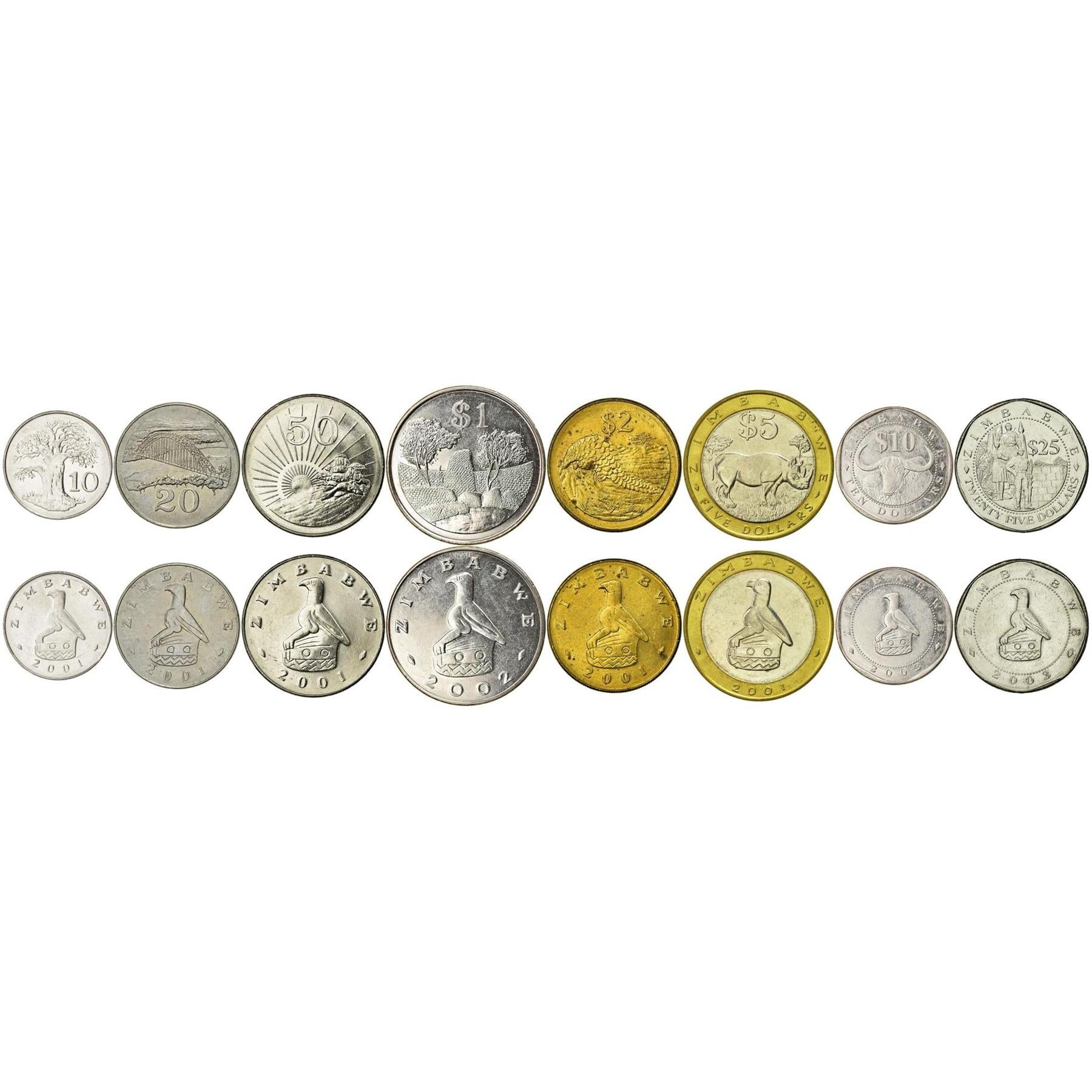 Zimbabwe | 8 Coin Set | 10 20 50 Cents 1 Dollar 2 5 10 25 Dollars | 2001 - 2003