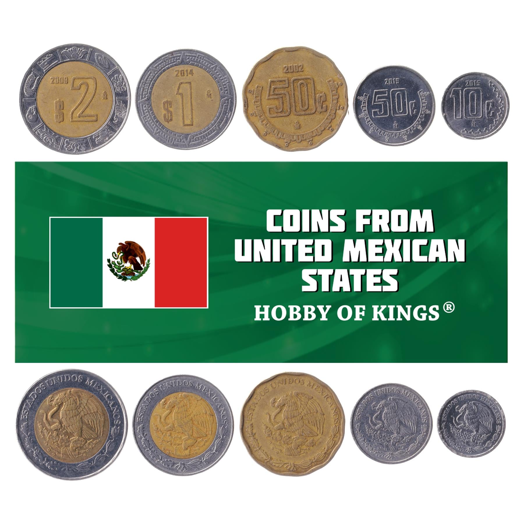 5 Mixed Coins From Mexico | 10 Centavos - 2 Pesos | 1970 - 2018