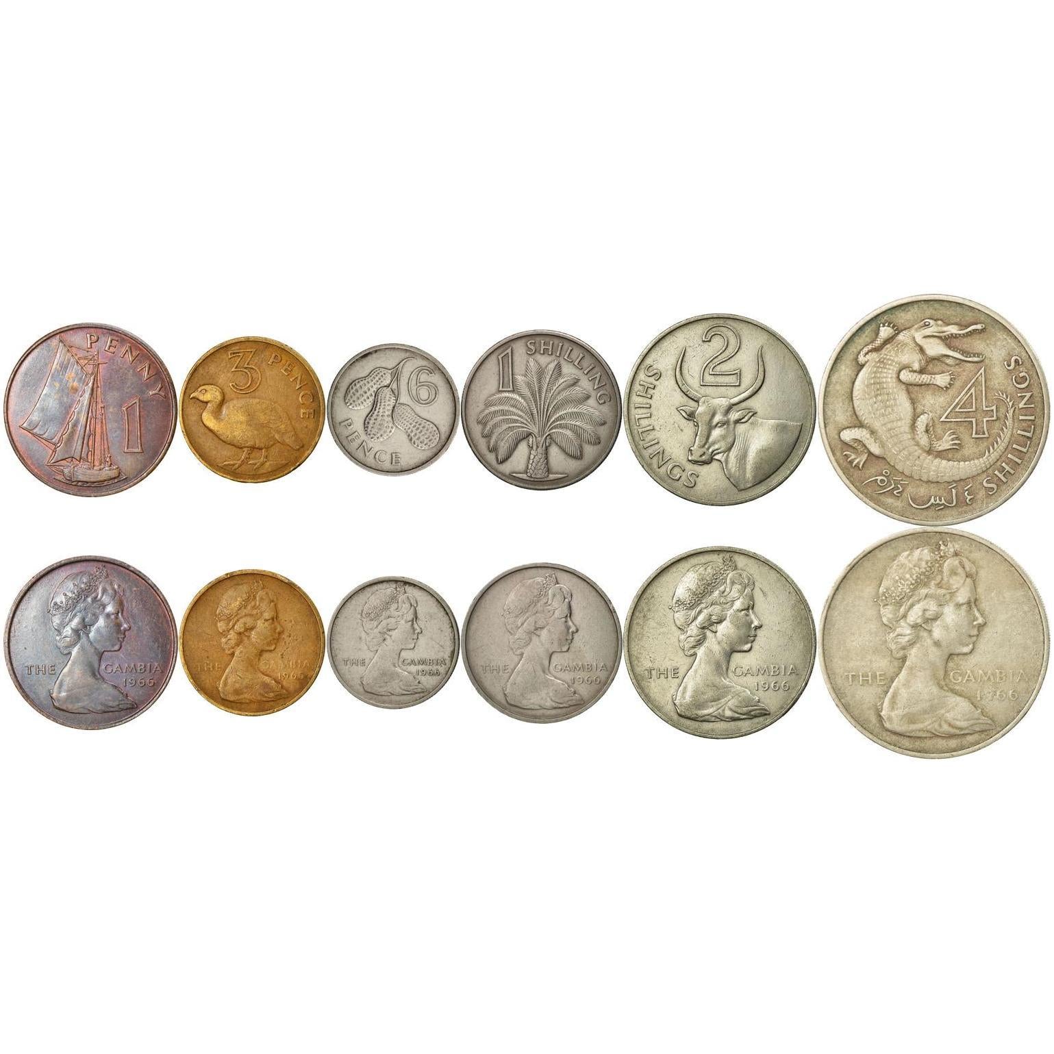 The Gambia | 6 Coin Set | 1 Penny 3 6 Pence 1 Shilling 2 4 Shillings | 1966