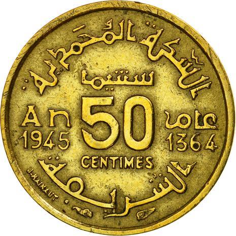 Morocco | 50 Centimes Coin | Sharifian Sultanate | Sultan Mohammed V | Pentagram | Y:40 | 1945