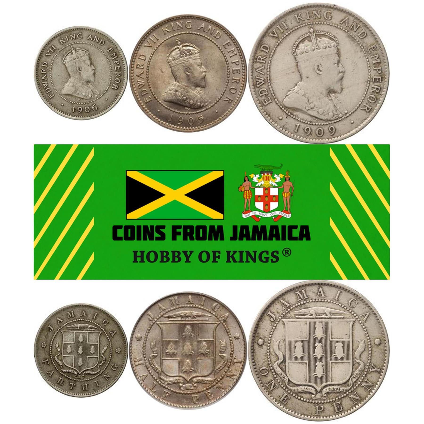 Jamaica | 3 Coin Set | 1 Farthing 1/2 1 Penny | King Edward VII | 1904 - 1910