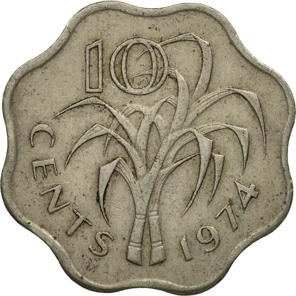 Kingdom of Swaziland | 10 Cents Coin | King Sobhuza II | Sugar Canes | Km:10 | 1974 - 1979