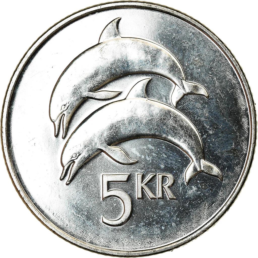 Islandijos 5 kronų moneta | Jautis Grioungur | Erelis Gammur | Drakonas Dreki | Milžinas Bergrisi | Delfinas | 1996 - 2008