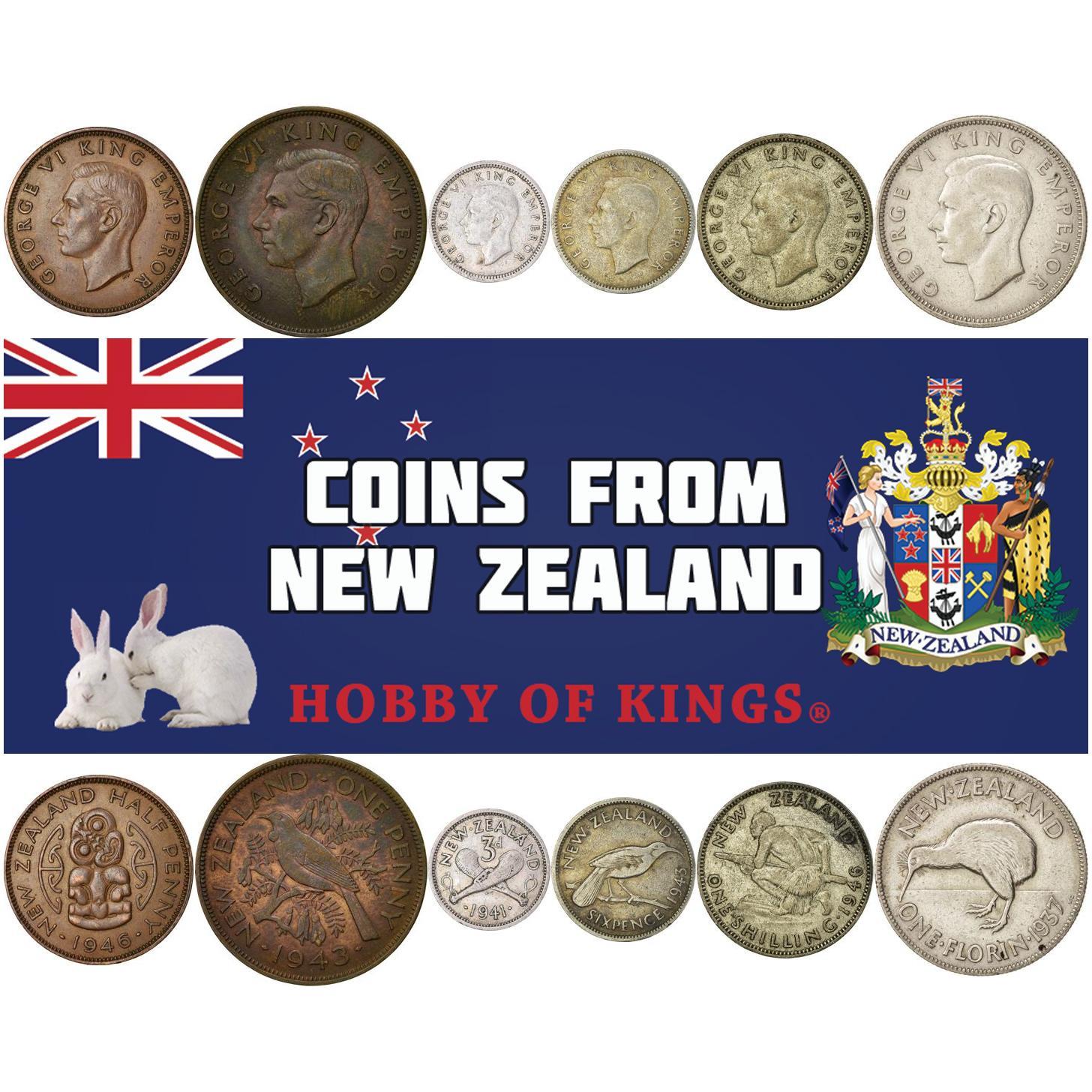 New Zealand | 6 Coin Set | 1/2 1 Penny 3 6 Pence 1 Shilling 1 Florin | 1937 - 1947