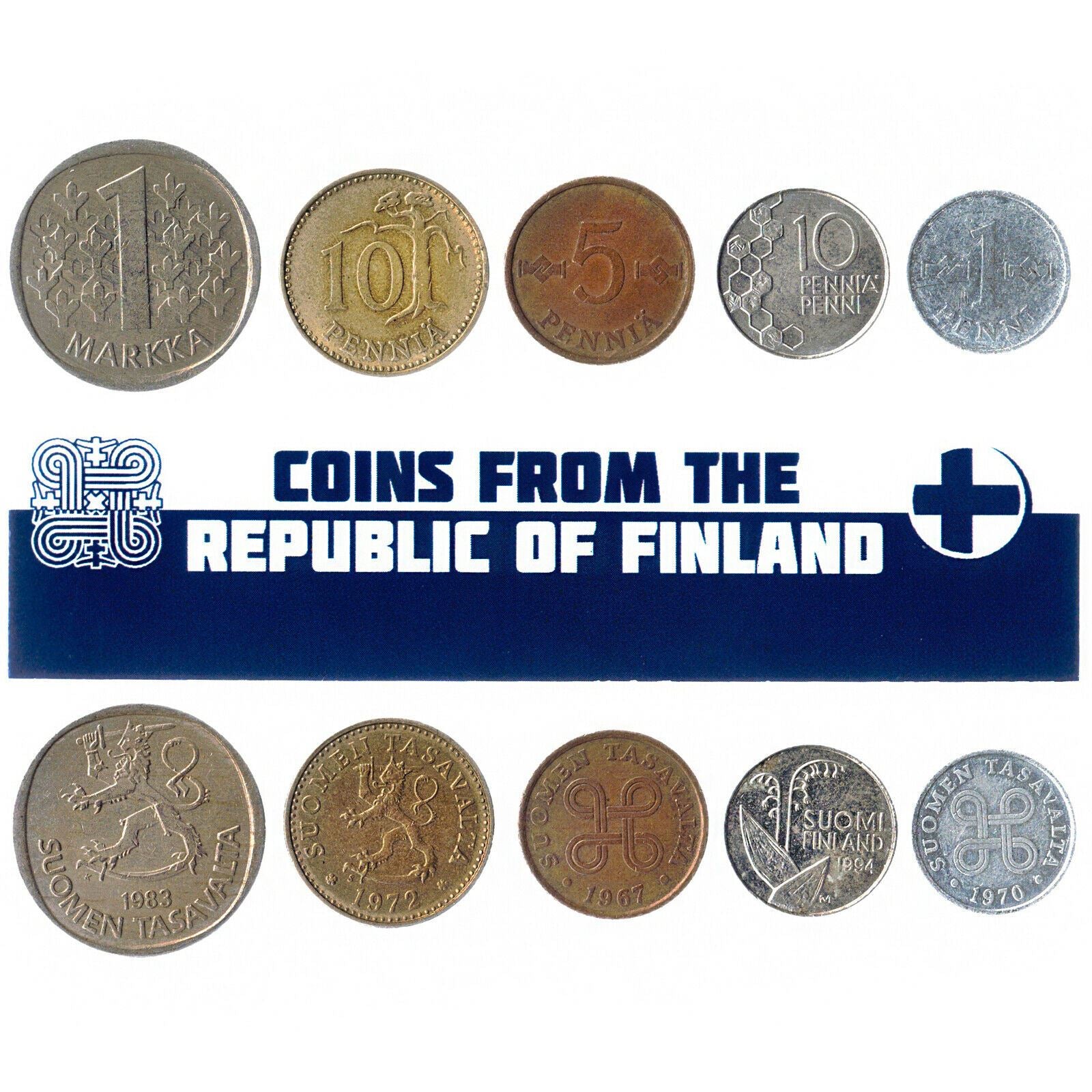 5 Mixed Coins From Finland | Penni - Markka | 1963 - 2001