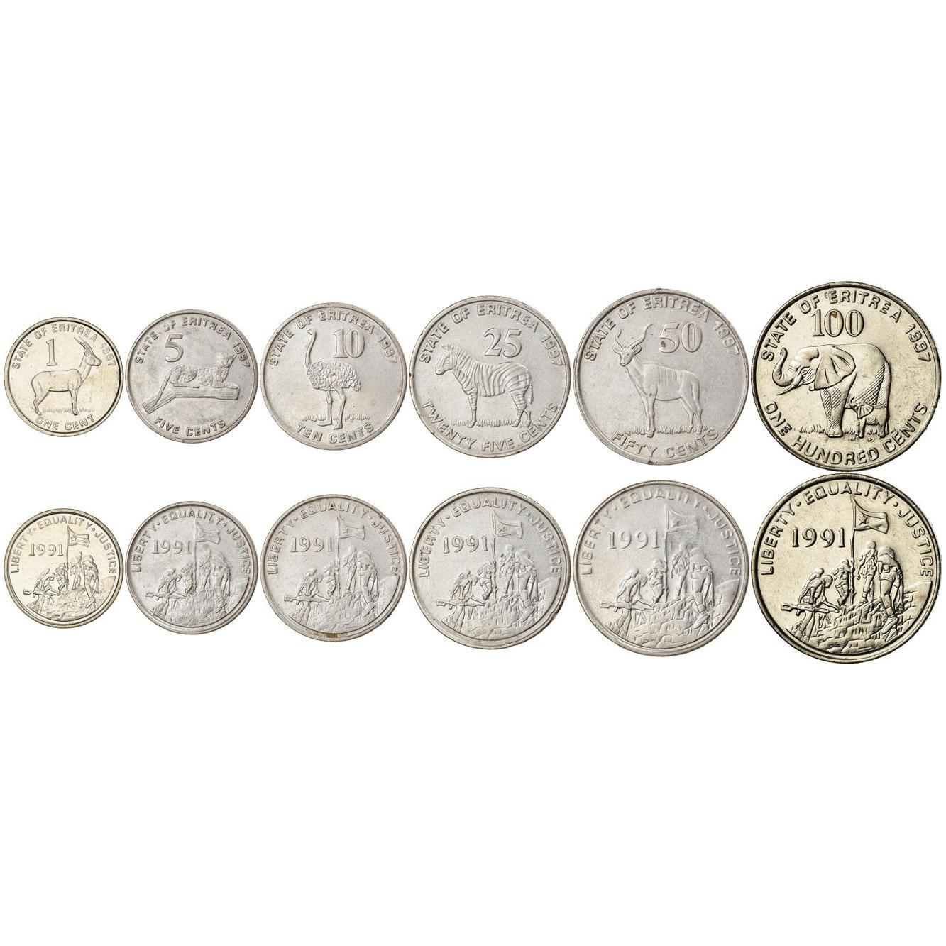 Eritrea | Set med 6 mynt | 1 Cent 5 10 25 50 100 Cent | 1997