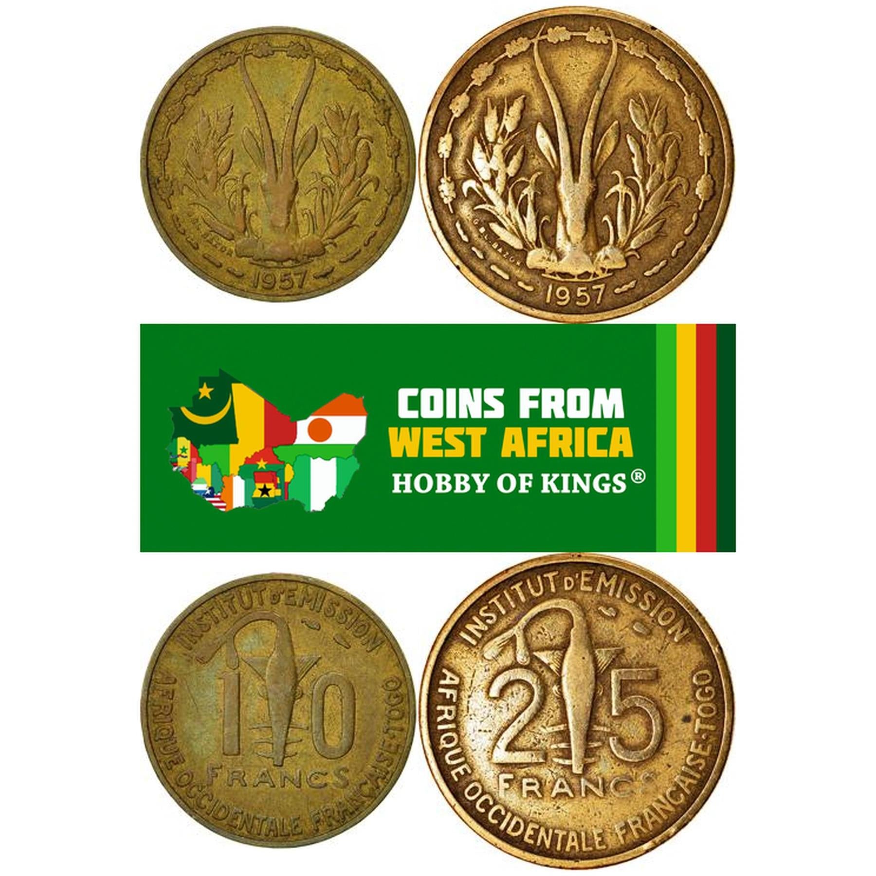 French West Africa | 2 Coin Set | 10 Francs 25 Francs Togo | 1957