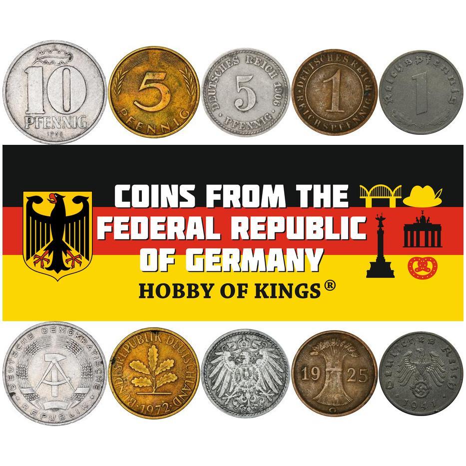 5 Mixed Coins | Federal Republic | East Germany | Third Reich | Weimar Republic | German Empire