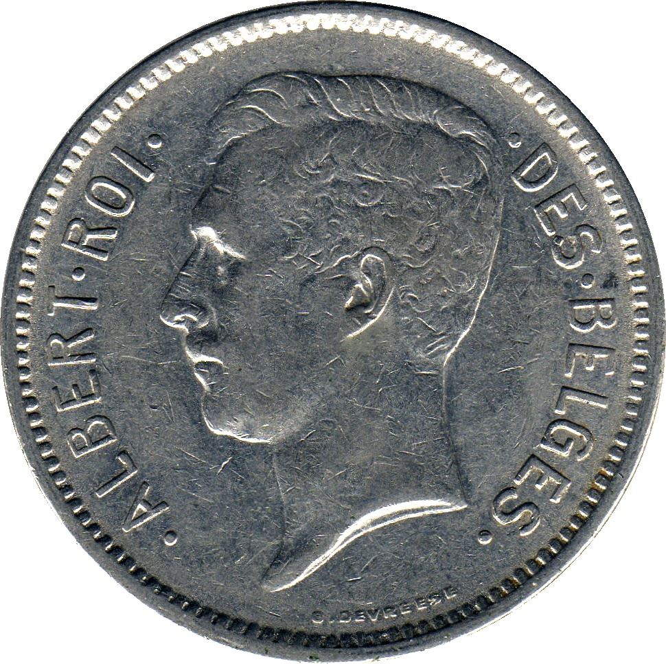 Belgian 1 Belga / 5 Francs Coin | Albert I Belgique | Star | Olive | KM97 | 1930 - 1934