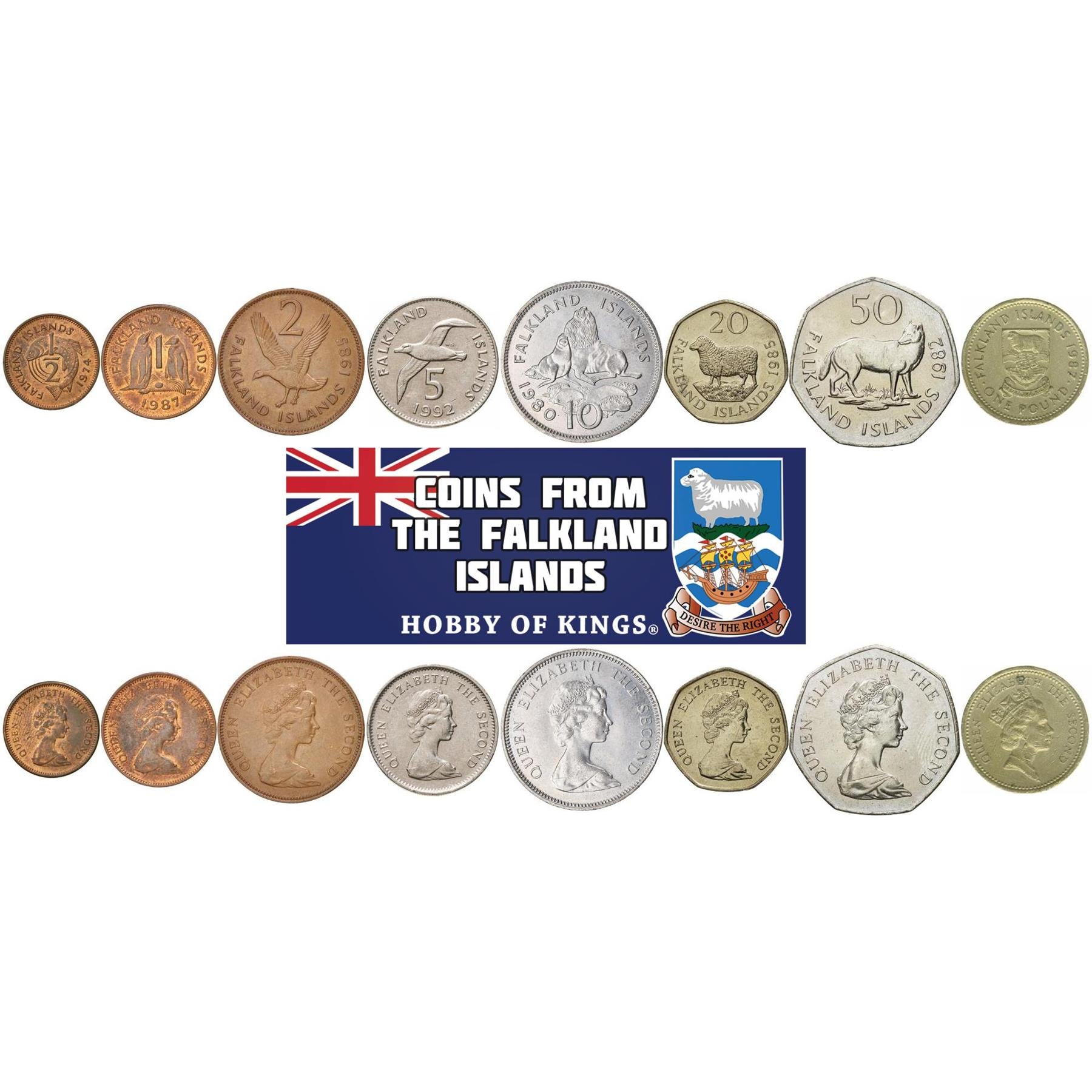 Falkland Islands | 8 Coin Set | 1/2 1 Penny 2 5 10 20 50 Pence 1 Pound | 1974 - 1992