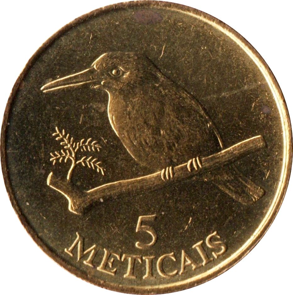 Mozambique | 5 Meticais Coin | Kingfisher Bird | Km:116 | 1994