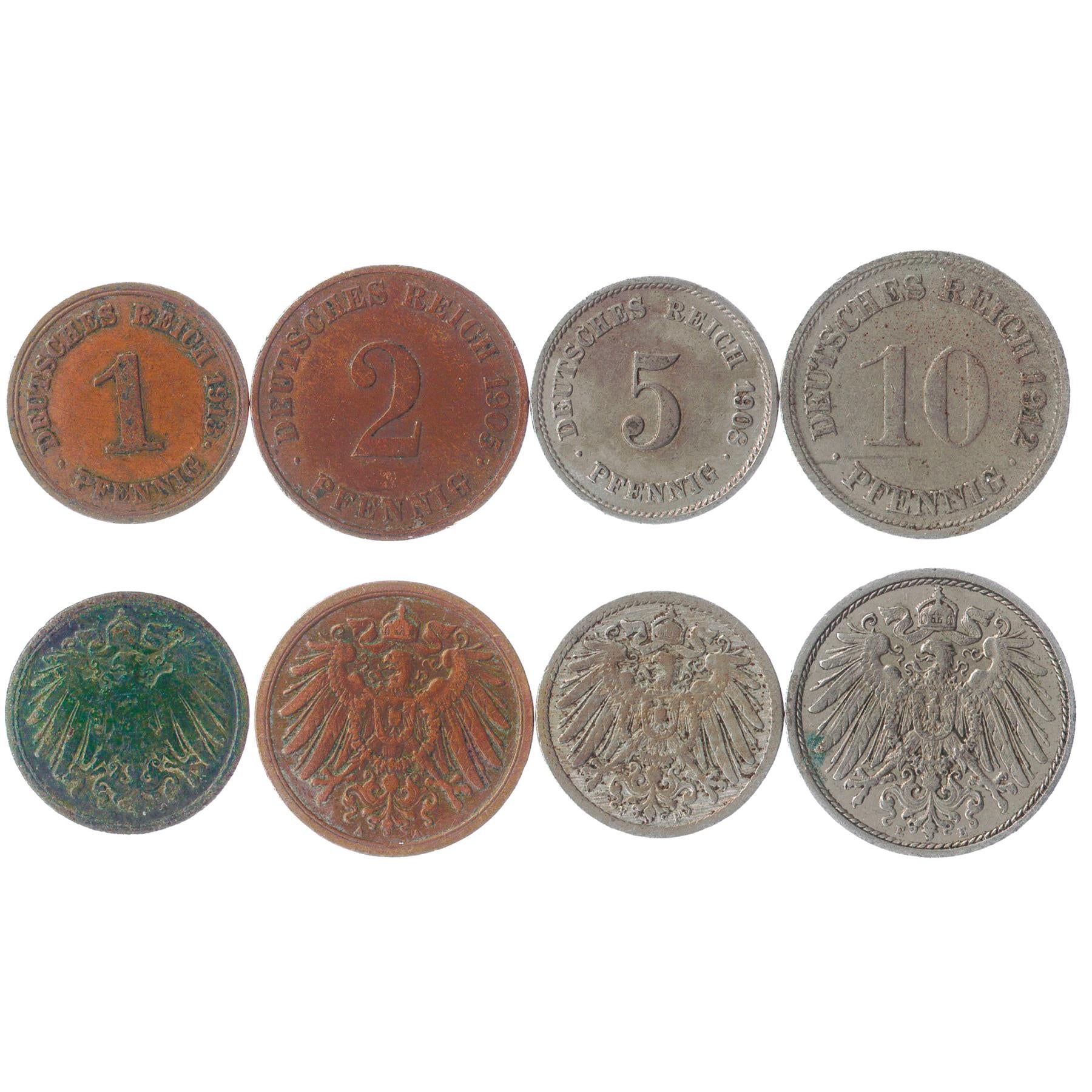 German Empire 4 Coin Set 1 2 5 10 Pfennig | Imperial Eagle | German Reich | 1904 - 1916