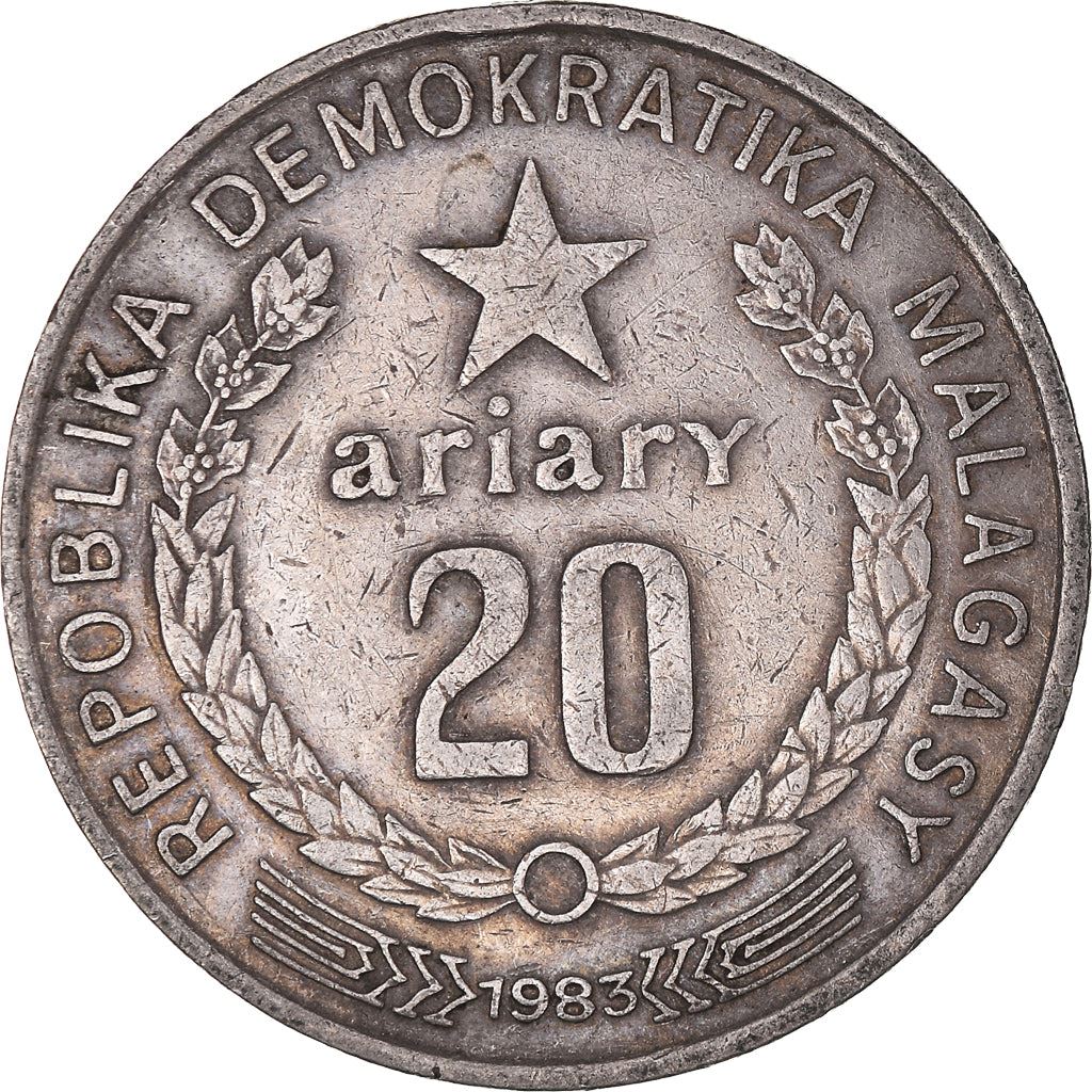 Madagascar | 20 Ariary Coin | Star | Farmer | Tractor | Km:14B | 1983
