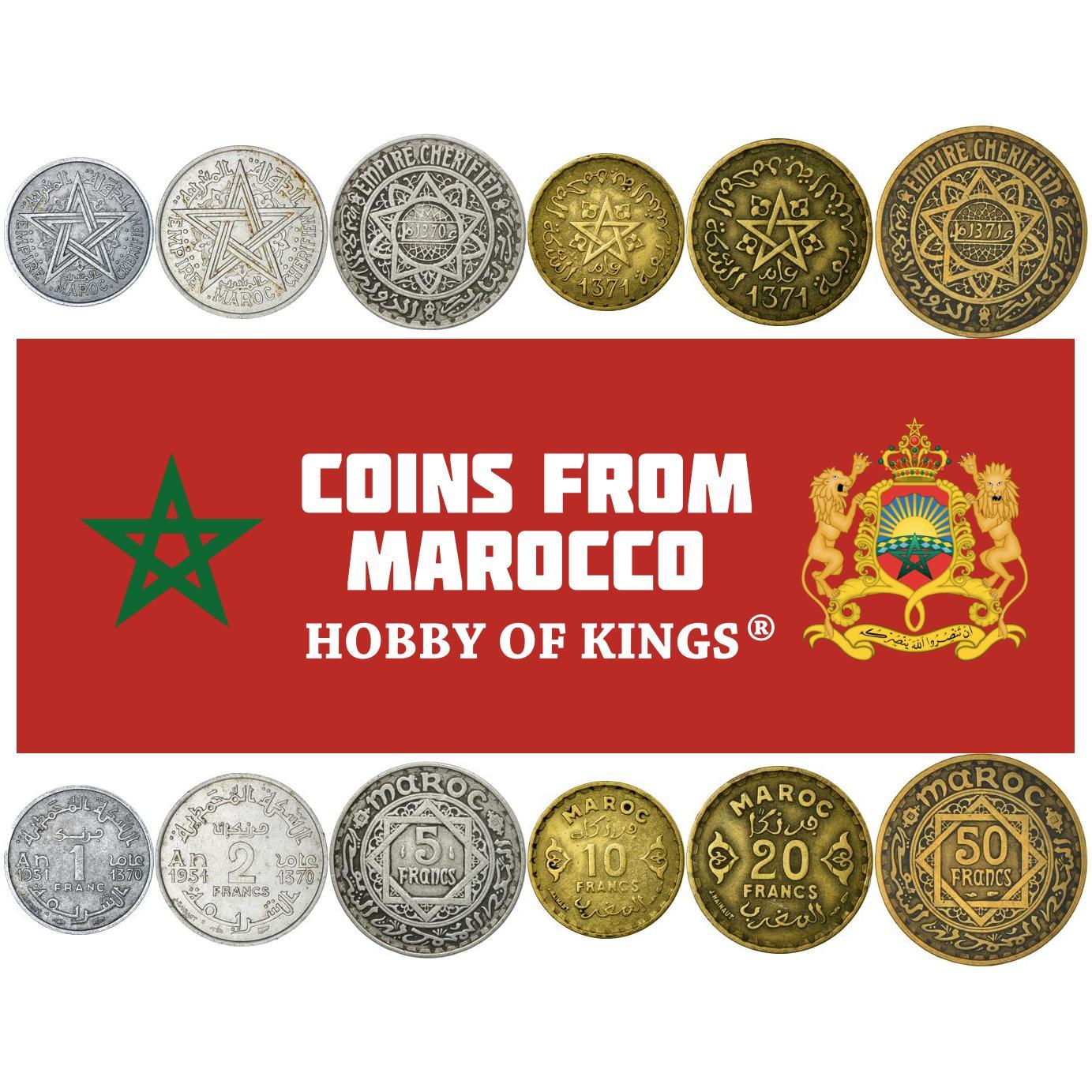Set 6 Coins Morocco 1 2 5 10 20 50 Francs 1951 - 1952