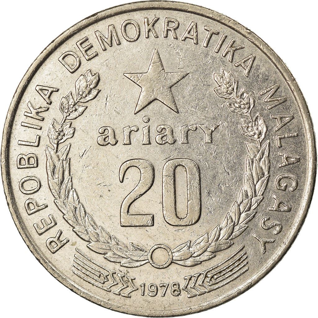 Madagascar | 20 Ariary Coin | Star | Tractor | Farmer | Km:14 | 1978