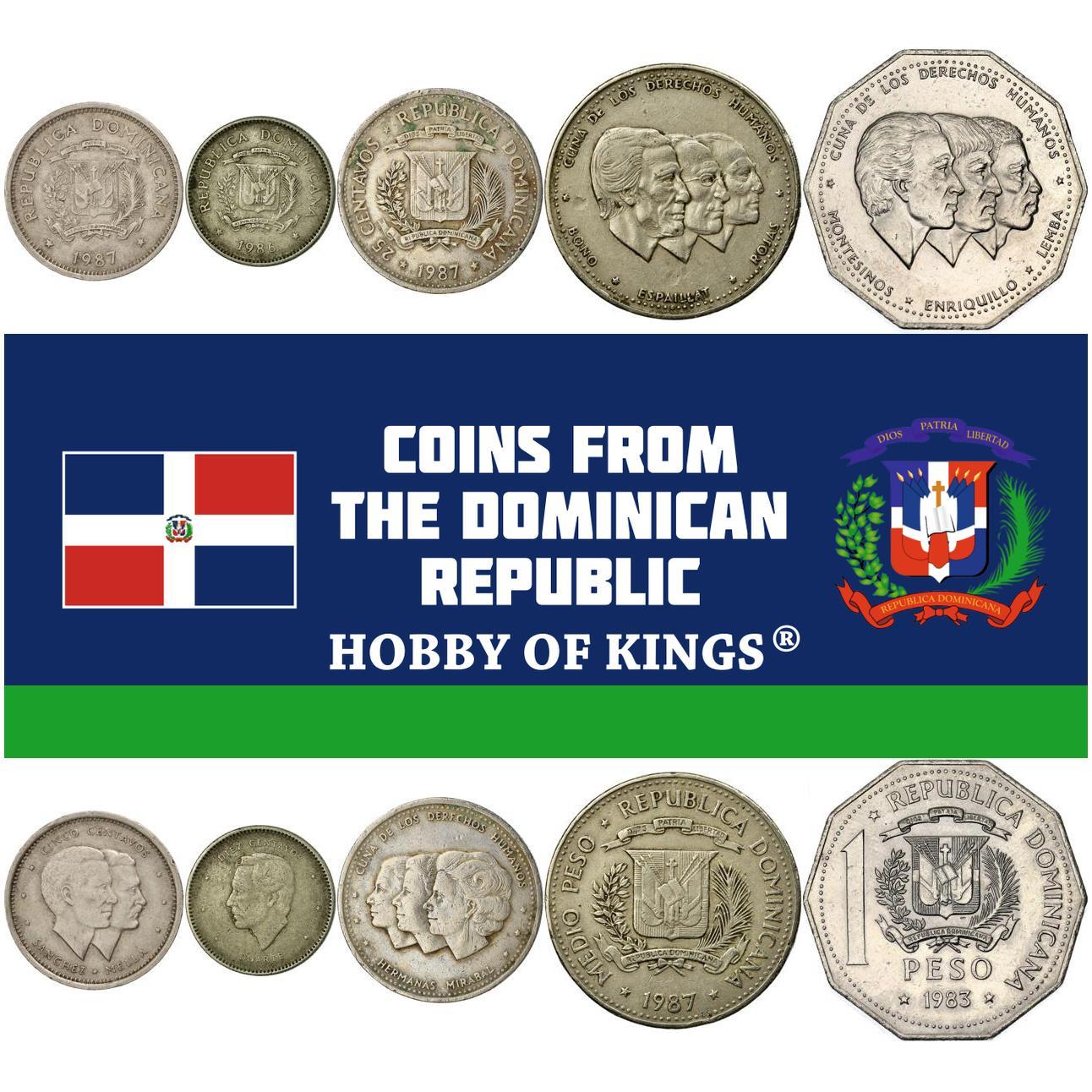 Dominican Republic | 5 Coin Set | 5 10 25 Centavos 1/2 1 Peso | Dominican Founding Fathers | Juan Pablo Duarte | Mirabal Sisters | Patria | Minerva | Maria Teresa | Benigno Filomeno de Rojas | Ulises Francisco Espaillat | Pedro Francisco Bonó | Antonio de