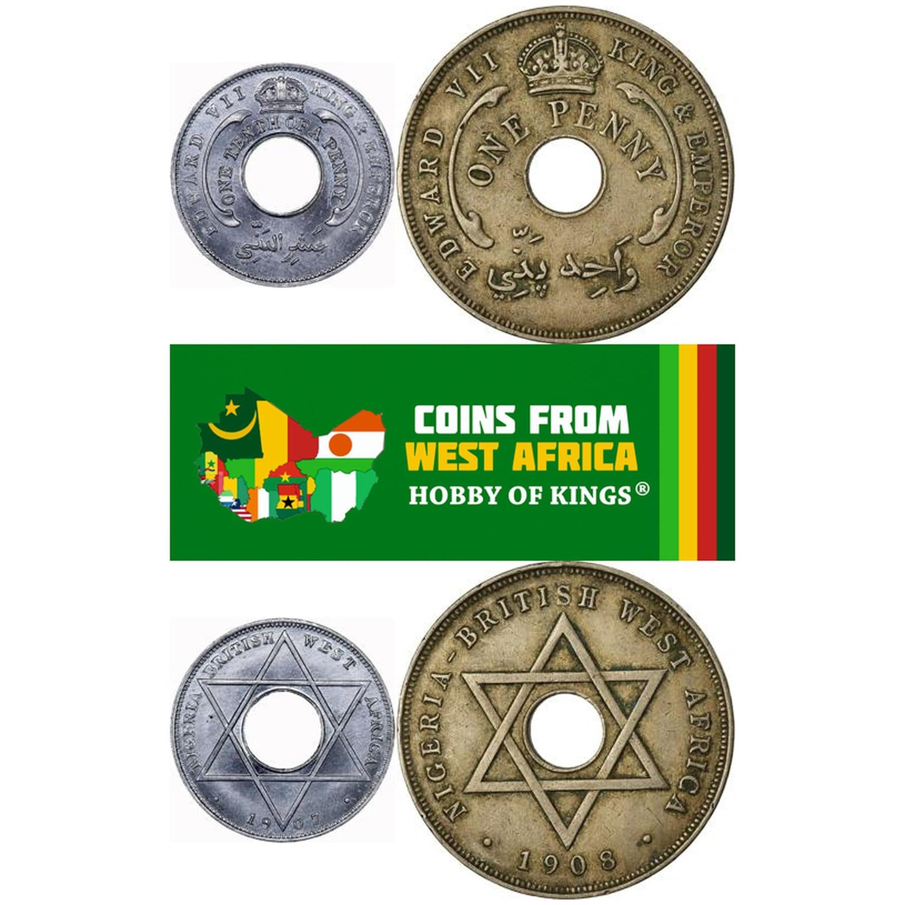 British West Africa | 2 Coin Set | 1/10 1 Penny | 1907 - 1910
