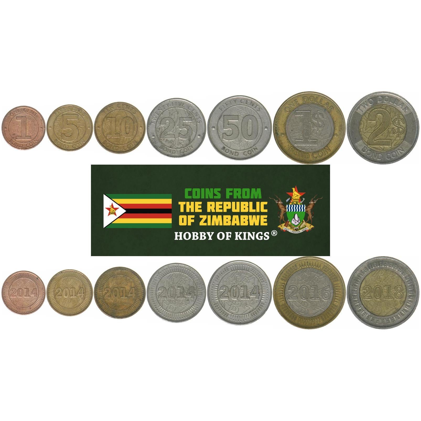 Zimbabwe | 7 Coin Set | 1 Cent 5 10 25 50 Cents 1 Dollar 2 Dollars | 2014 - 2018