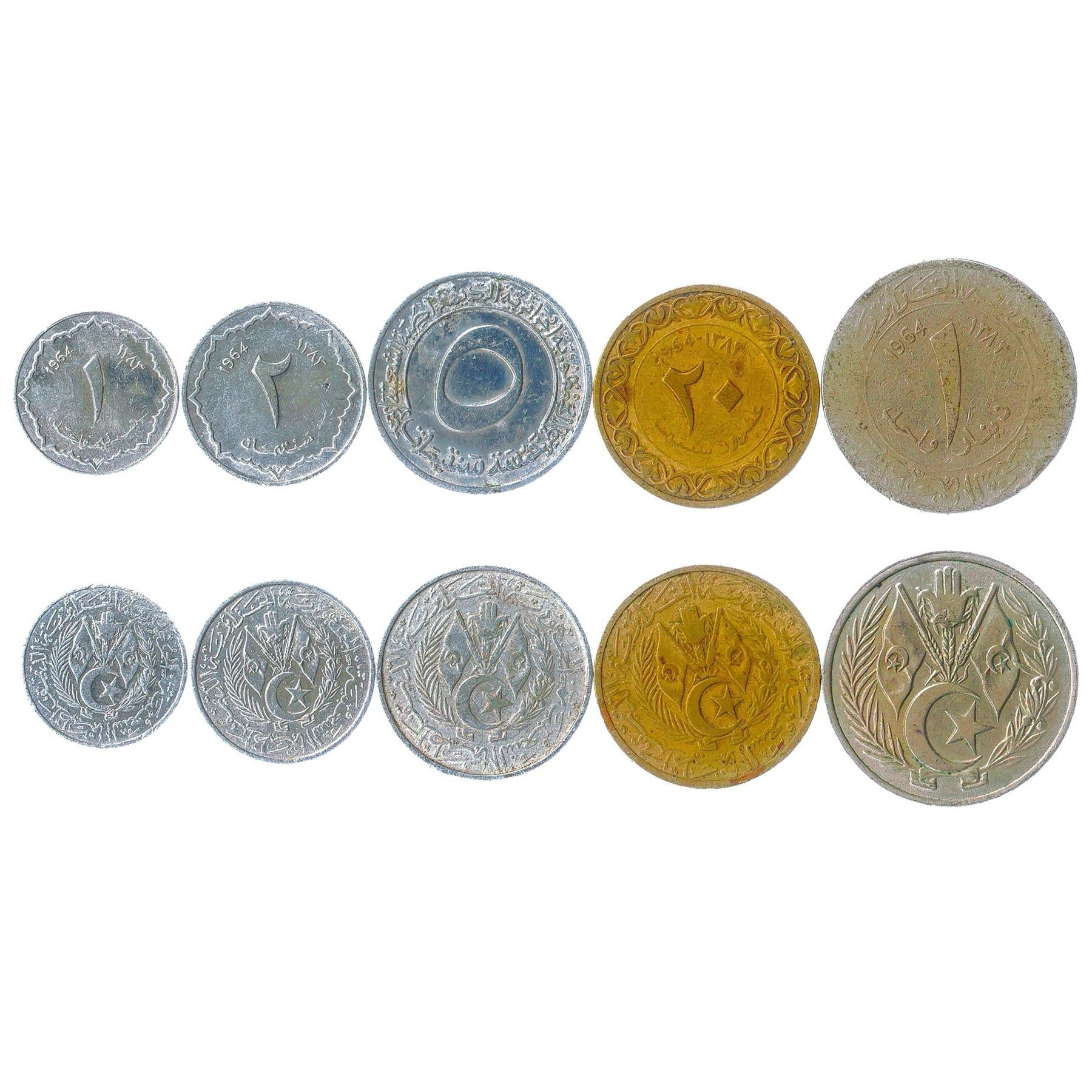 5 Algerian Coins Centimes Dinars Mixed Currency From Albania 1964-2021