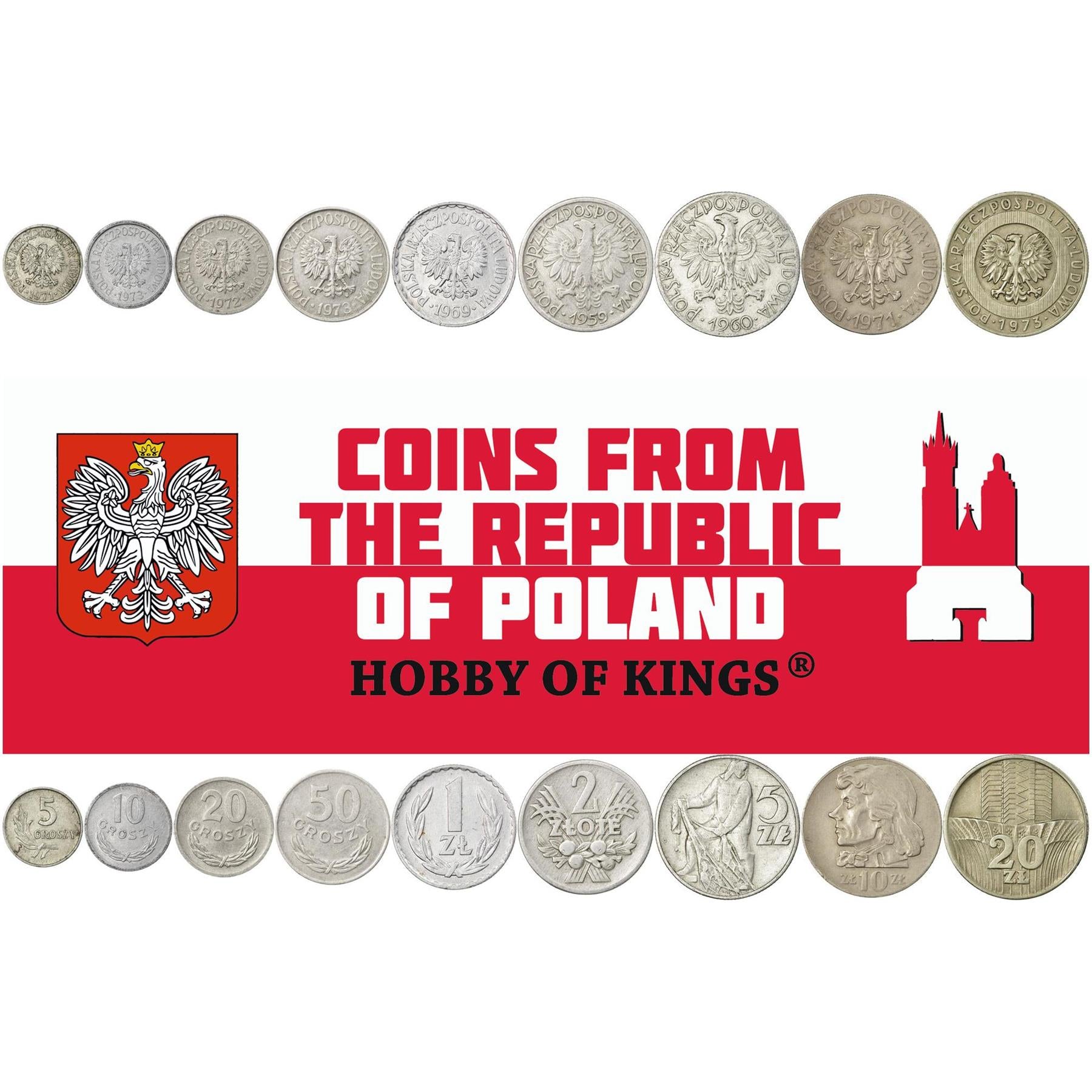 Poland | 9 Coin Set | 5 10 20 50 Groszy 1 Zloty 2 5 10 20 Zlotys | 1957 - 1974