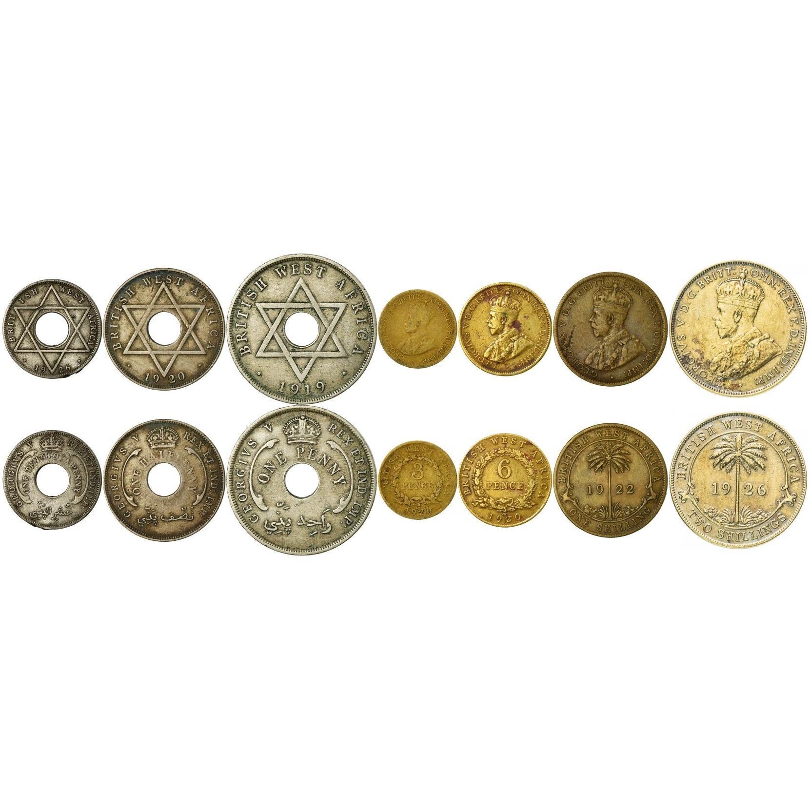British West Africa | 7 Coin Set | 1/10 1/2 1 Penny 3 6 Pence 1 Shilling 2 Shillings | 1912 - 1936
