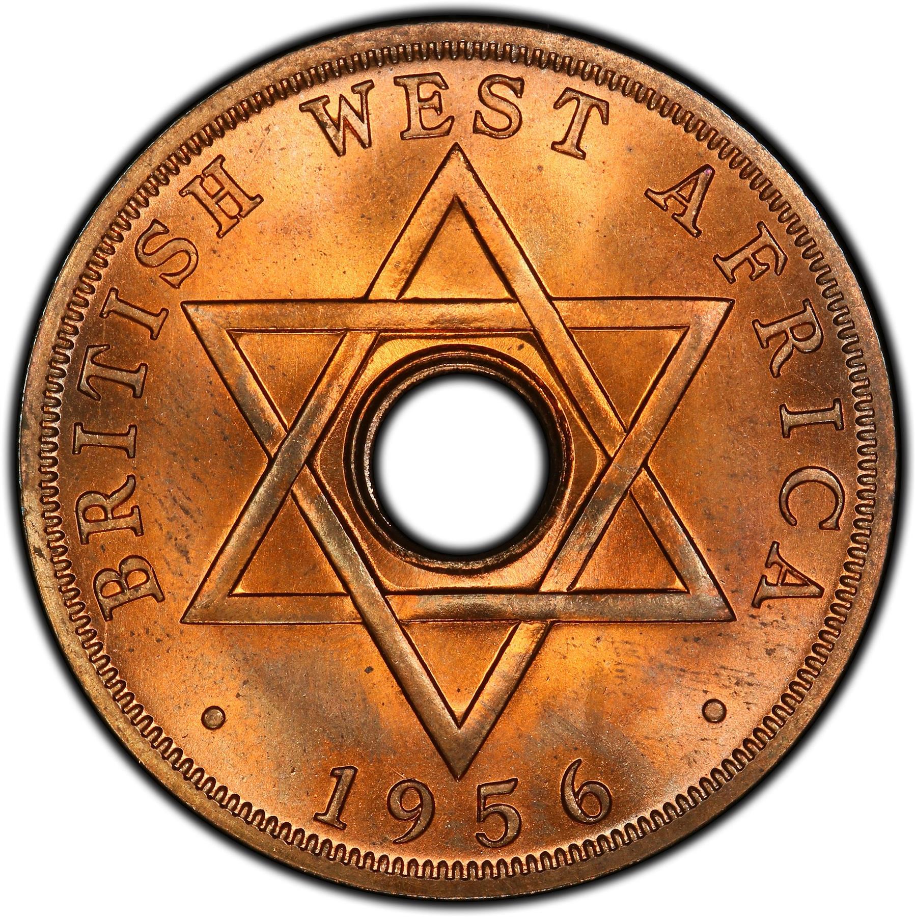 British West Africa | 1 Penny Coin | Crown | Hexagram | Hole | KM:33 | 1956 - 1958