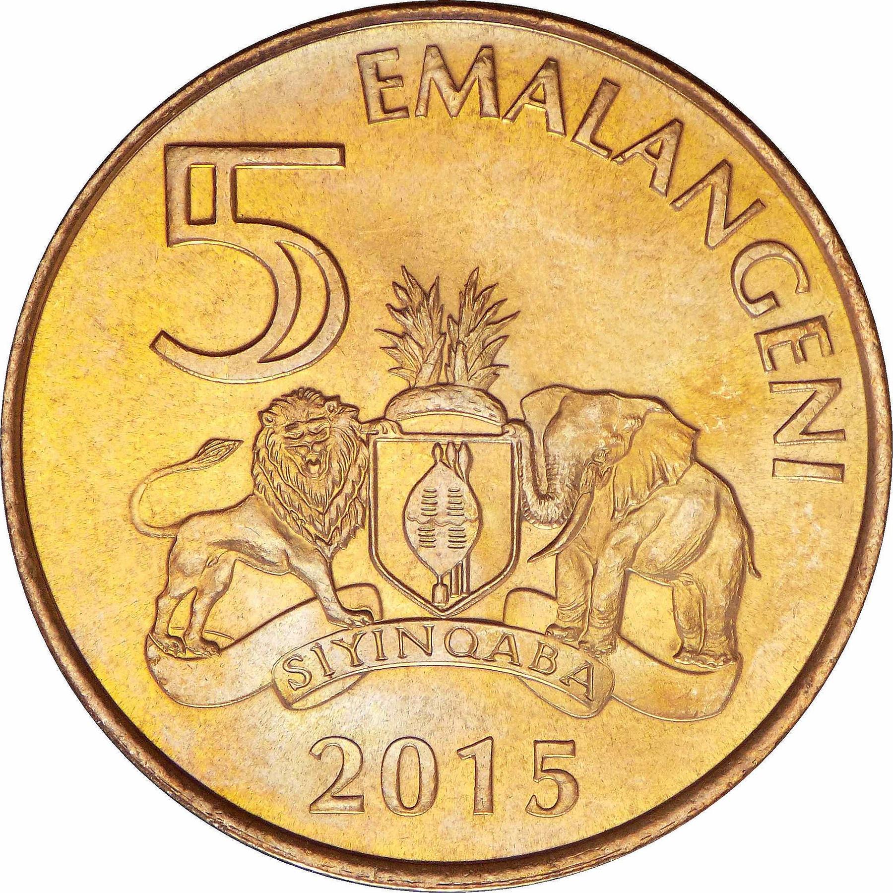 Królestwo Suazi | Moneta 5 Emalangeni | Król Mswati III | Lew | Słoń | KM:68 | 2015