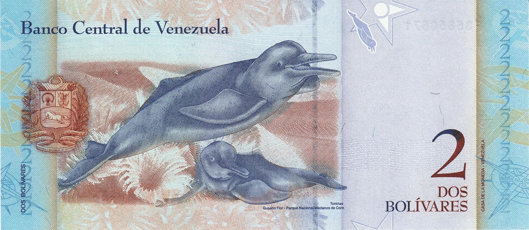Venezuela | 2 Bolivares Banknote | 2007 - 2014 | Francisco de Miranda | Orinoco River Dolphins | Coro Dunes | Gusano Flower