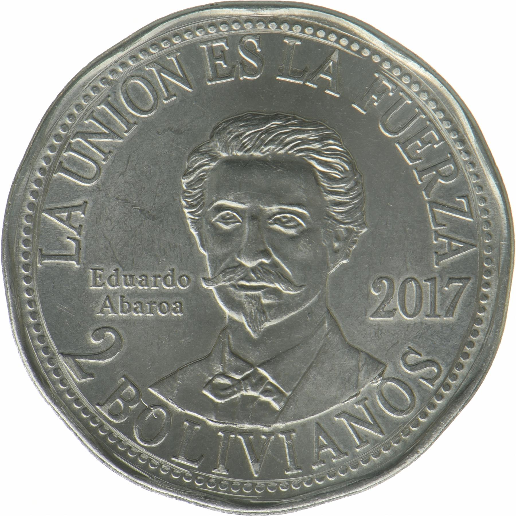 Bolivia | 2 Bolivianos Coin | Eduardo Abaroa | KM:222 | 2017