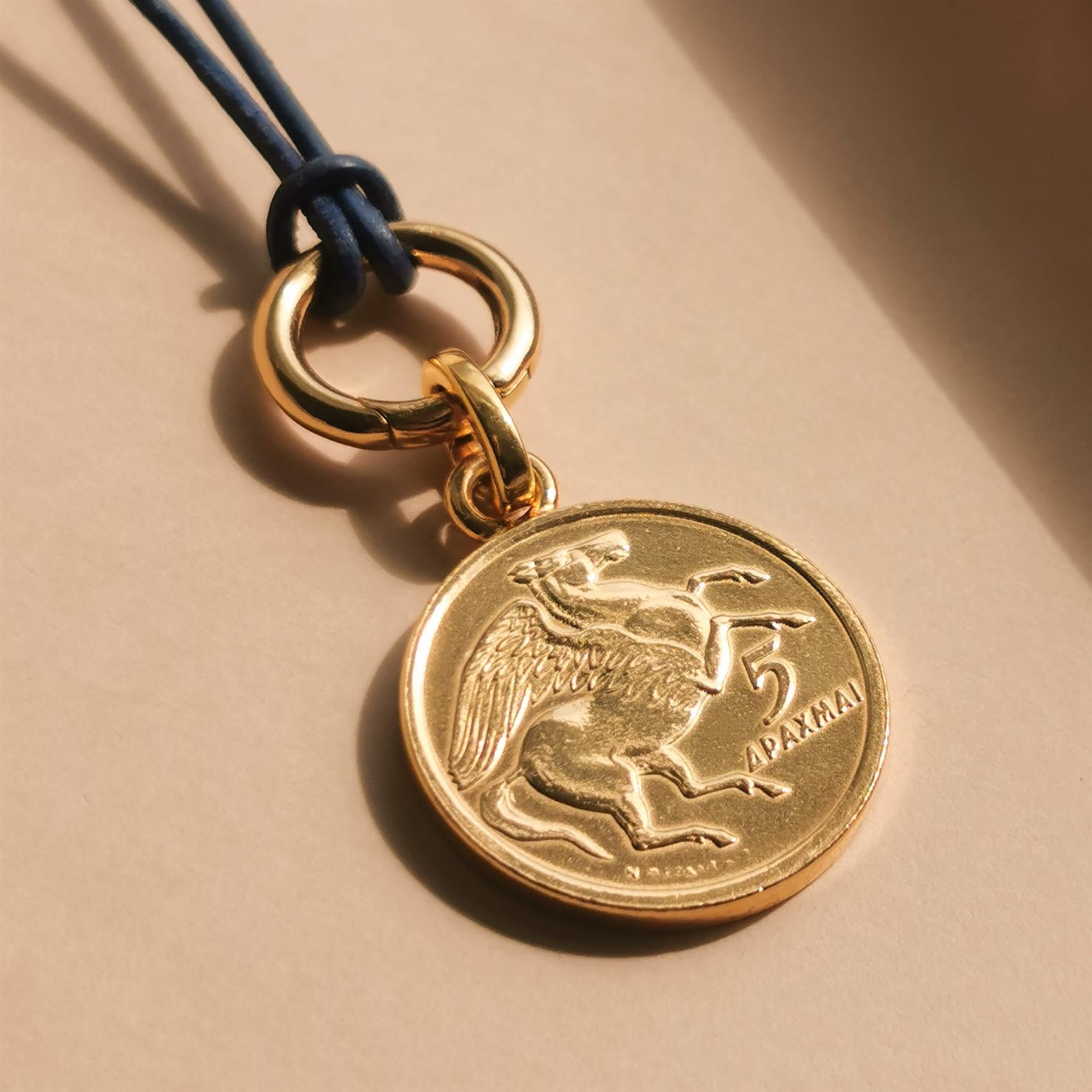 Greek 5 Drachmai Coin Charm | 925 Sterling Silver 18K Gold Plated | 1986 - 2000