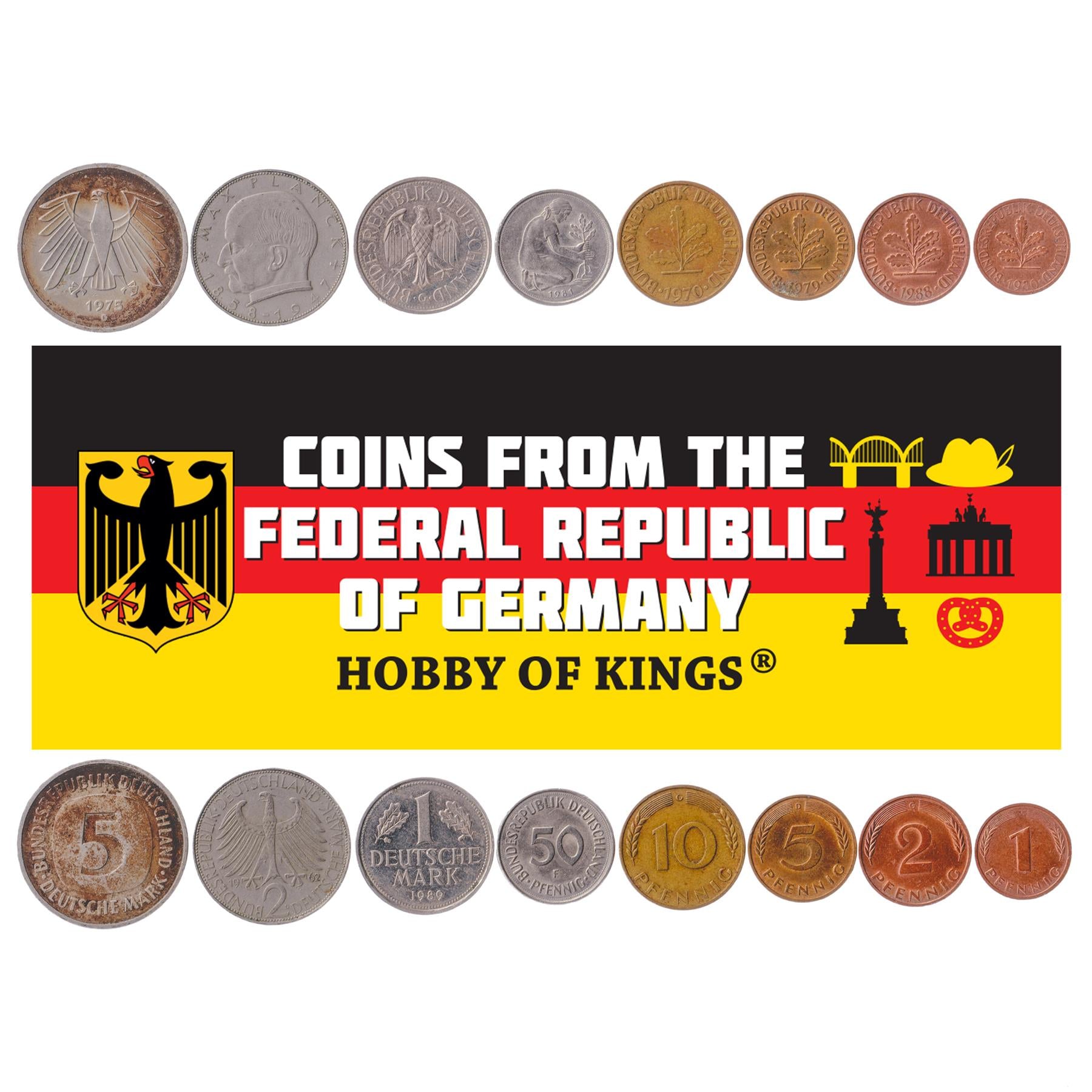 German 8 Coin Set 1 2 5 10 50 Pfennig 1 2 5 Deutsche Mark | Oak | Eagle | Max Planck | Germany | 1950 - 2001