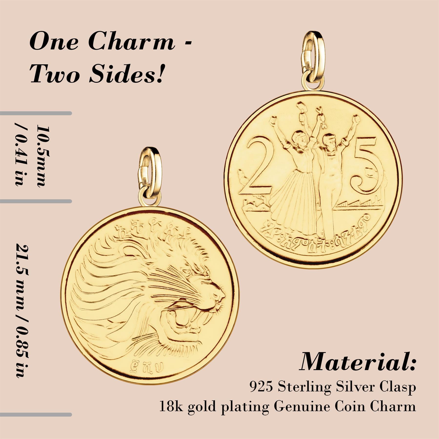 Ethiopian 25 Santims Coin Charm | 925 Sterling Silver 18K Gold Plated | 1969 - 2008