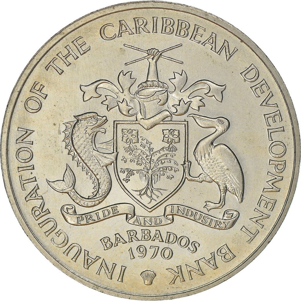 Barbados 4 Dollars Coin | Queen Elizabeth II | FAO | Sugar Cane | Banana Tree | KMA9 | 1970