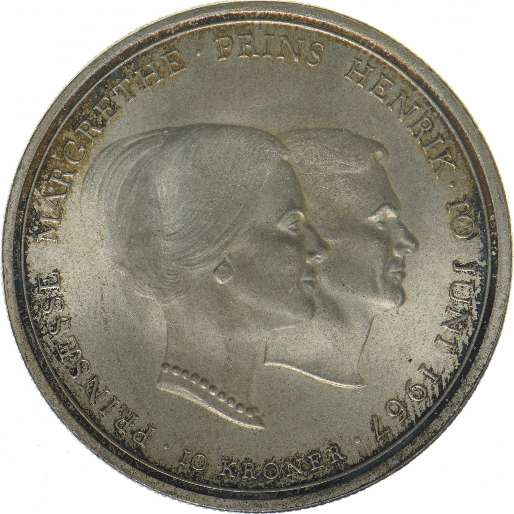Denmark | 10 Kroner Coin | Silver | Wedding of Princess Margrethe | KM:856 | 1967