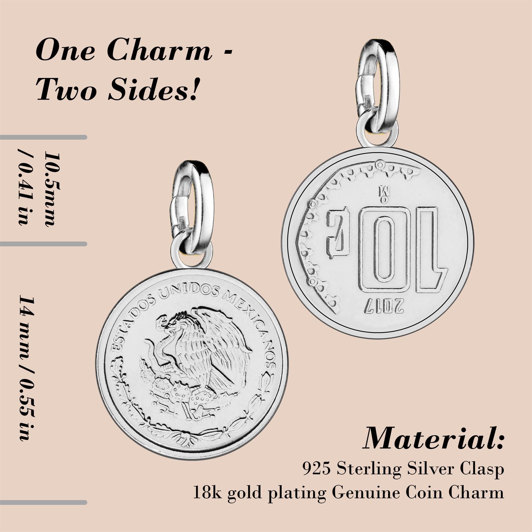 Mexican 10 Centavos Coin Charm | 925 Sterling Silver Rhodium Plated | 2009 - 2019