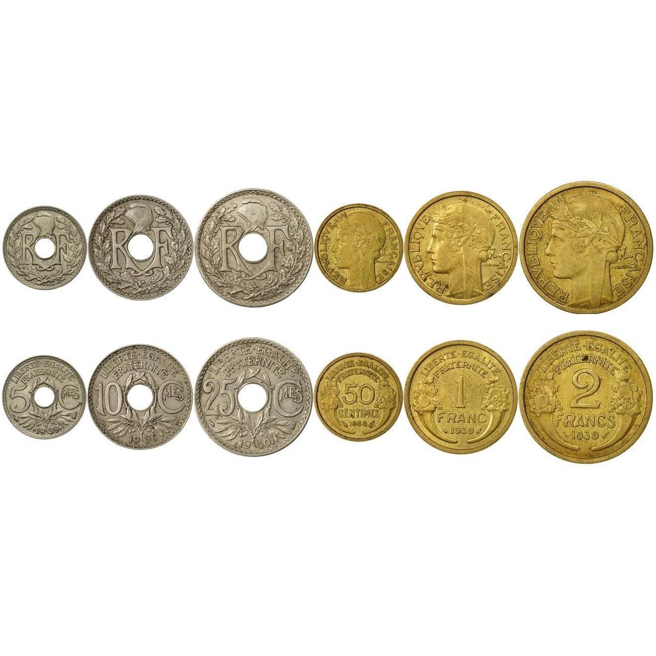 France | 6 Coin Set | 5 10 25 50 Centimes 1 Franc 2 Francs | Phrygian cap | Marianne | 1931 - 1941
