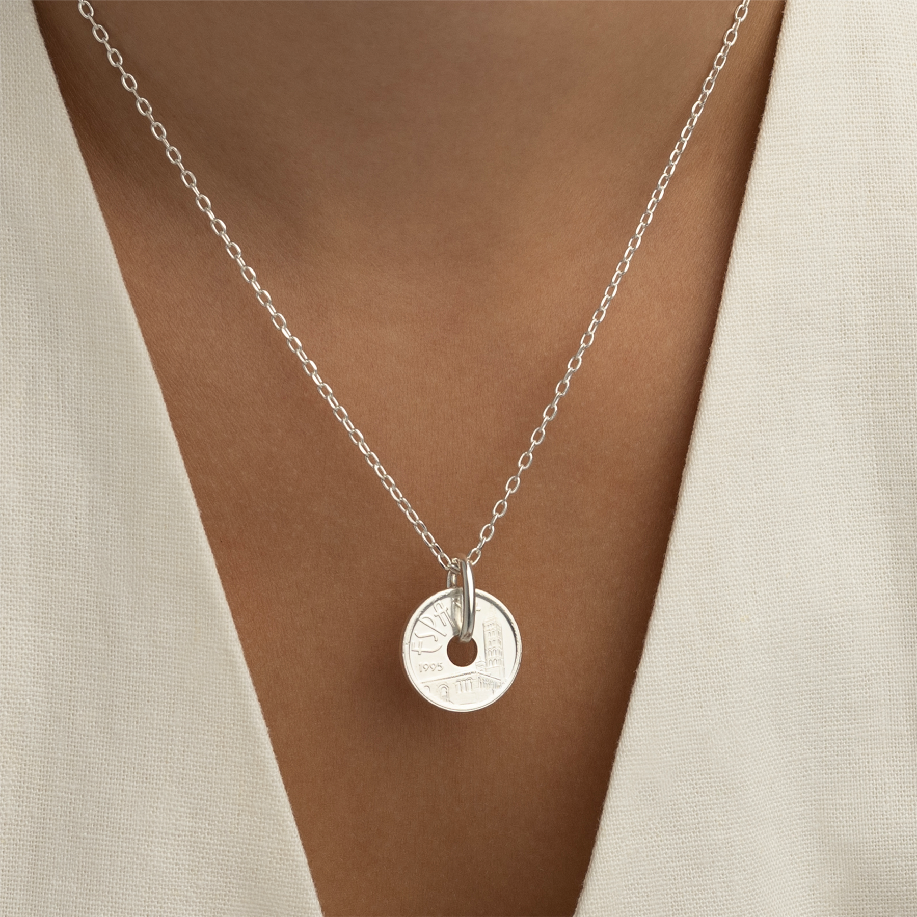 Spanish Coin Necklace | Medallion Pendant Jewelry | Rhodium Plated 5 Pesetas | Castile and Leon | 1995