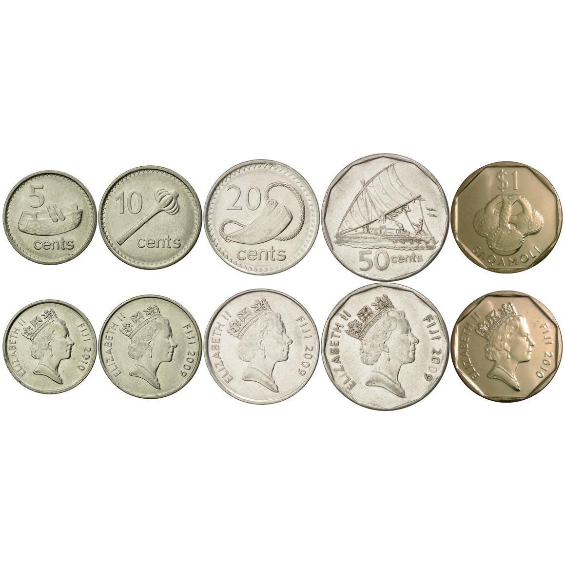 Fijian 5 Coin Set 5 10 20 50 Cents 1 Dollar | Elizabeth II | Canoe | Fijian drum | Throwing club | Sperm whale tooth | Saqa Moli | 2009 - 2010