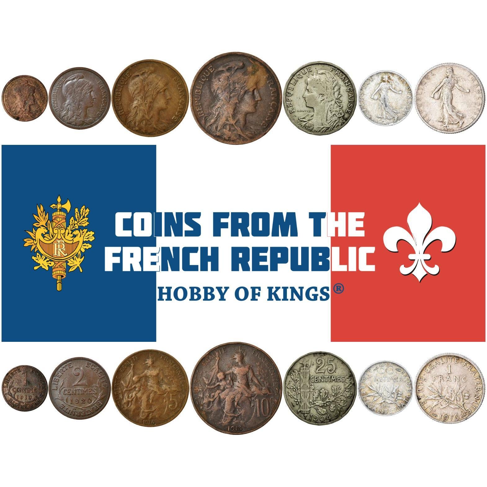 フランス|7枚硬貨セット|1サンチーム 2 5 10 25 50サンチーム 1フラン|花冠|自由|マリアンヌ|斧|オリーブの枝|オリーブの枝|1897年 - 1921年