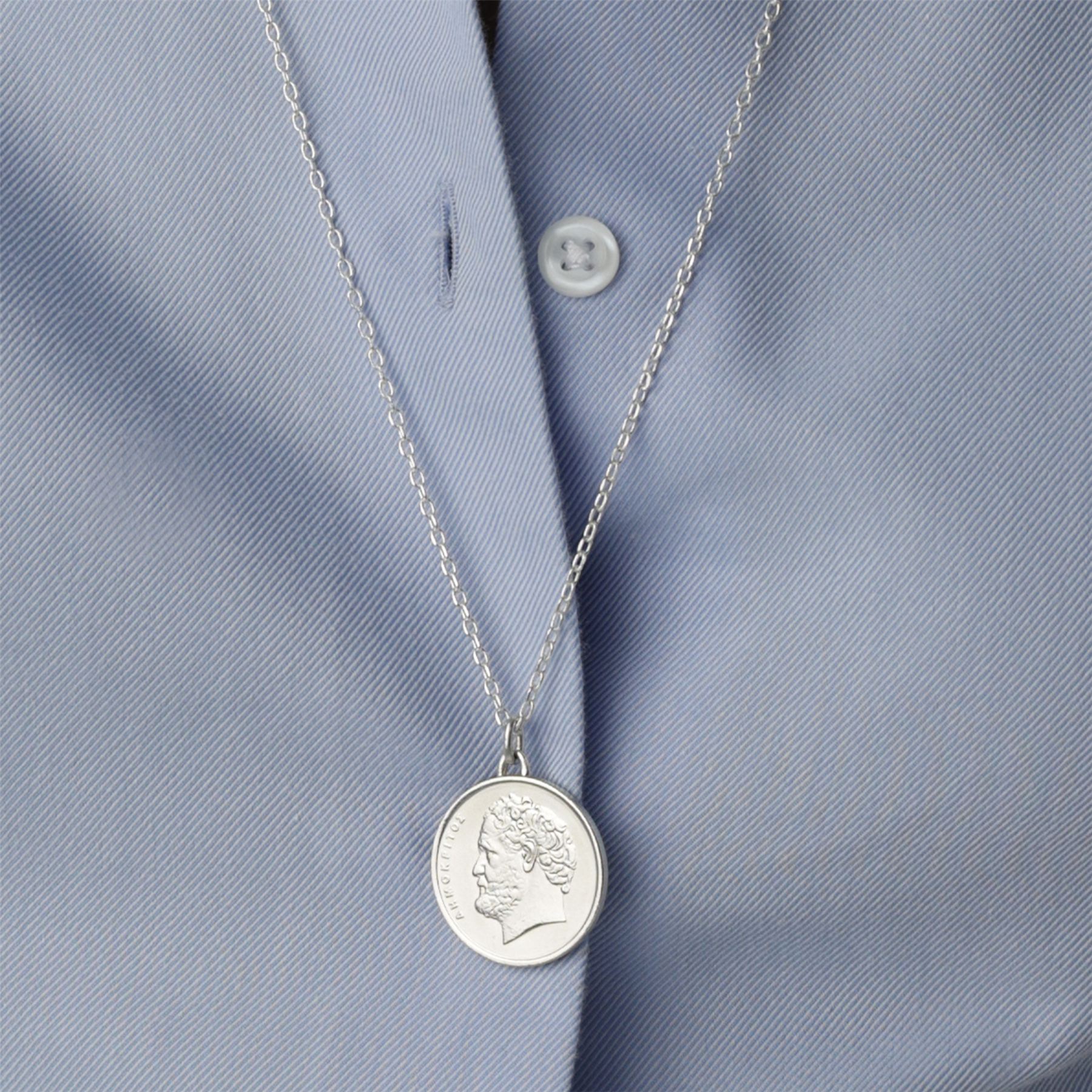 Greek Coin Necklace | Medallion Pendant Jewelry | Rhodium Plated 10 Drachmes | Democritus | 1976 - 2000